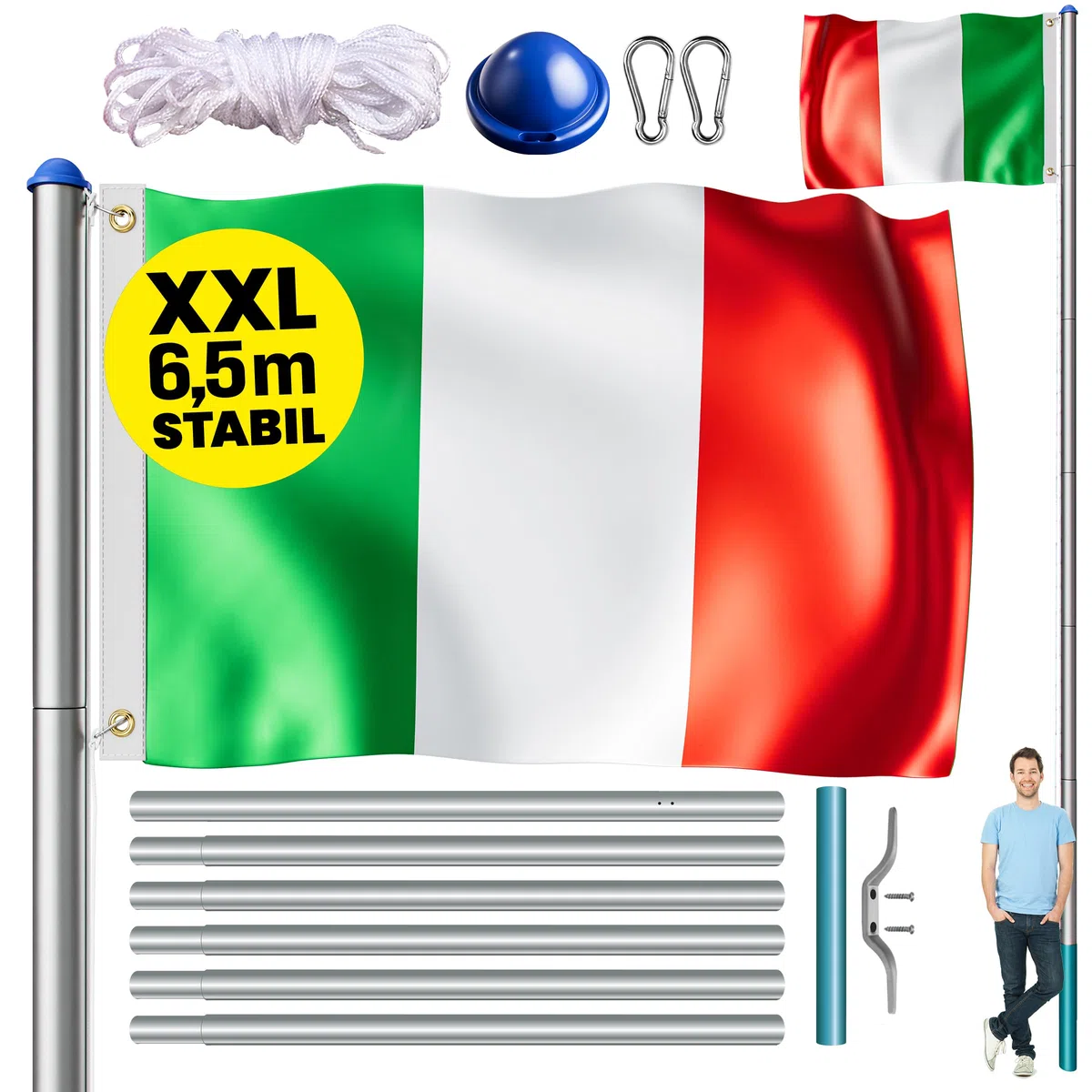 MONZANA Set Montaggio Bandiera Asta Alluminio 6,5 m con Fune Moschettone Gancio Regolabile