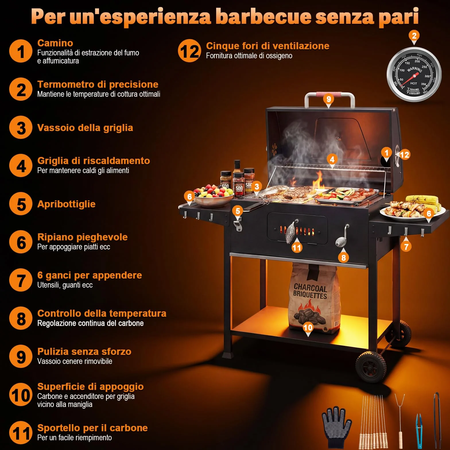 Devoko Barbecue Carbonella XXL, Grill a Carbone Portatile 71x43 cm con Termometro e Guanti