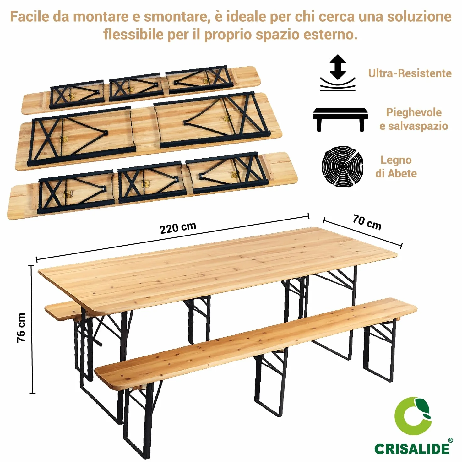 Crisalide® Set Birreria Pieghevole in Legno di Abete Tavolo 220 cm con 2 Panche Struttura in Acciaio Rinforzato 70x80 cm