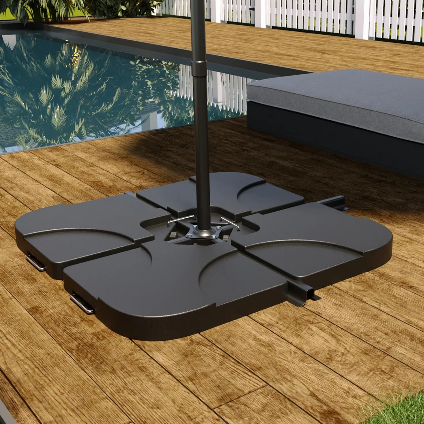 Set 4 Supporto Pesi Base Ombrellone Parasole Da Giardino In Plastica HDPE Riempibili Con Acqua E Sabbia 60 Litri / 100 Kg Adatti Per Ombrelloni Base A Croce 50 x 50 x 7.5 cm Nero