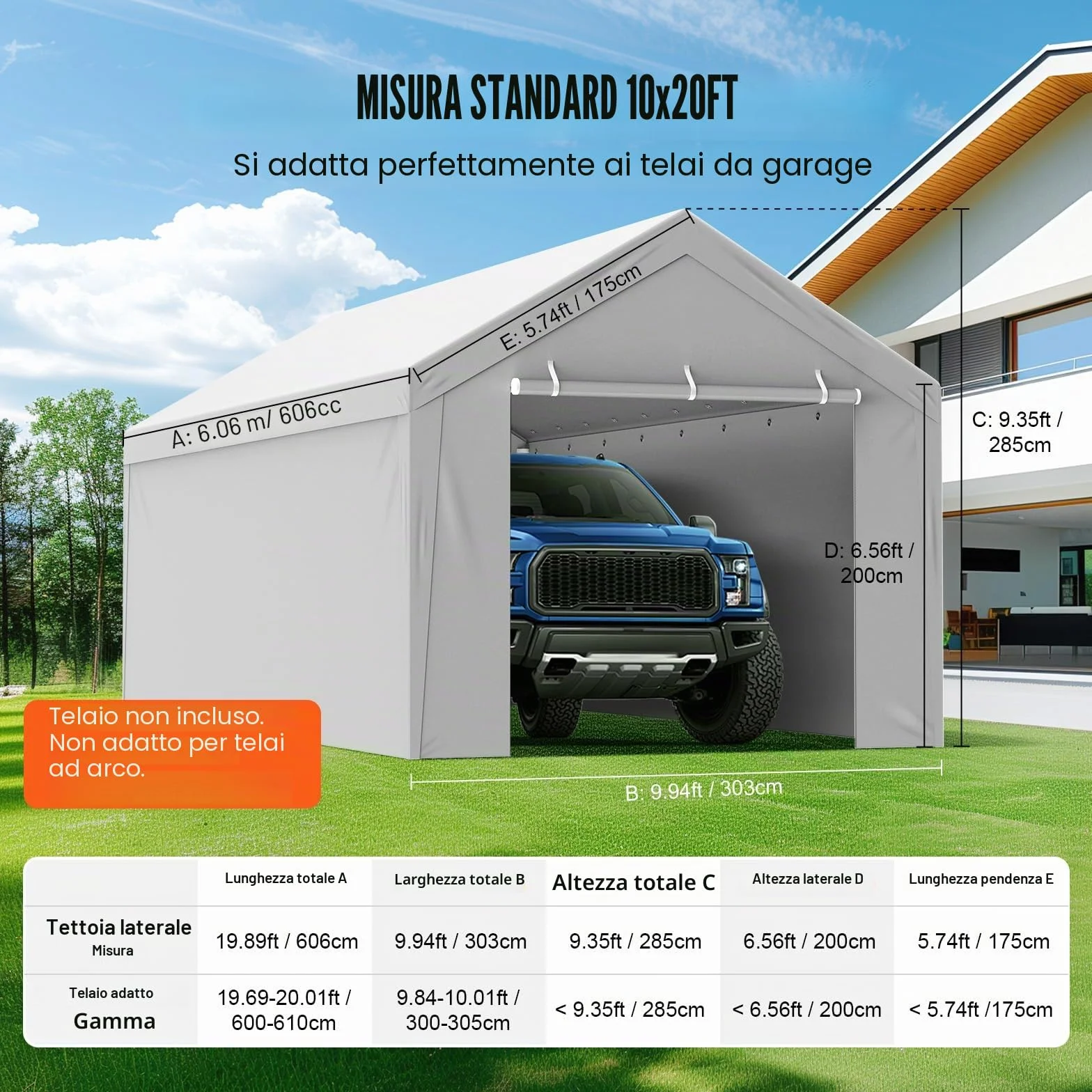 VEVOR Tendalino di ricambio per posto auto coperto parete laterale 10x20ft, impermeabile e protetto dai raggi UV, bianco (telaio non incluso)