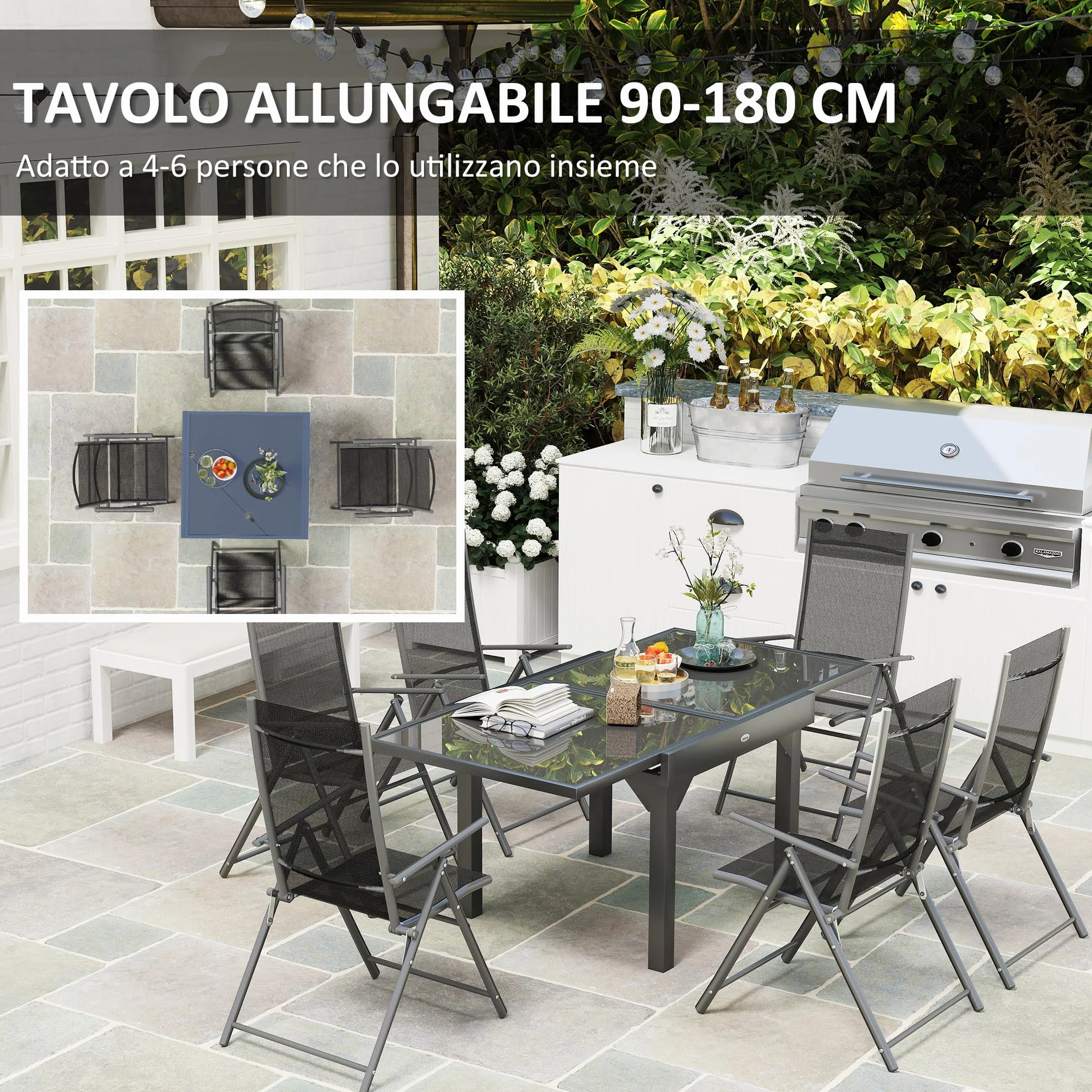 Outsunny Set Tavolo e Sedie da Esterno 7 Pezzi, Tavolo Allungabile con Piano in Vetro, 6 Sedie Pieghevoli con Braccioli, Acciaio e Textilene, Grigio