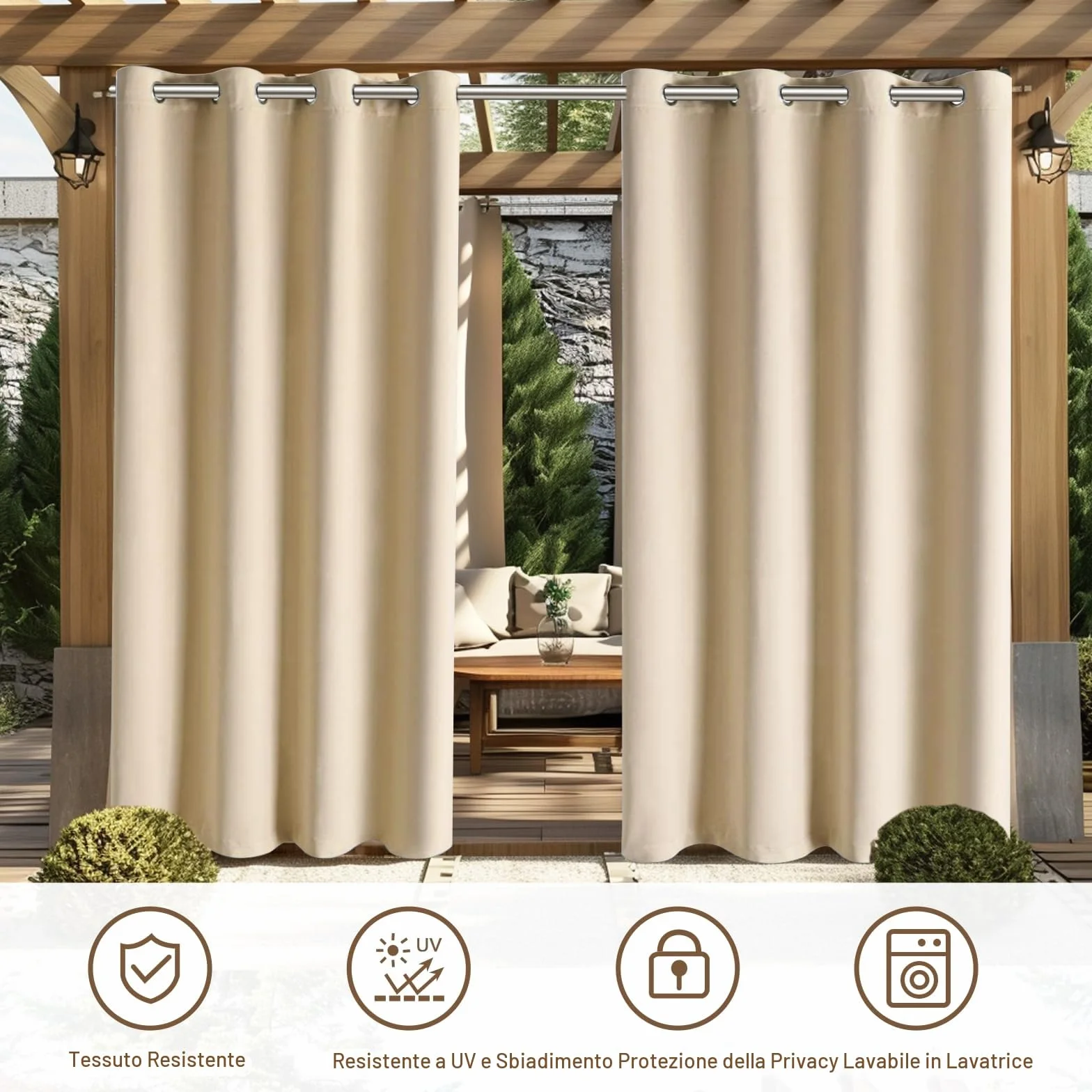 Tende da Esterno Impermeabile,2 Pezzi Tende per Esterno con Anelli,Tende per Gazebo Esterno Oscurante,Tende Idrorepellente per Esterni per Balconi,Terrazzo,Veranda,132x215cm,Beige
