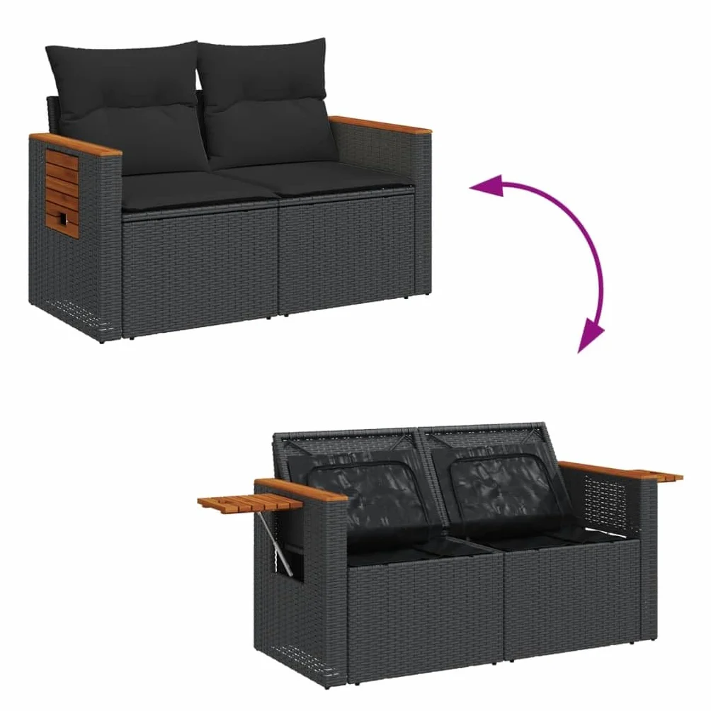 IKAYAA Divanetto da Esterno 2 Posti con Contenitore Divano da Giardino in Polyrattan Salotto da Giardino in Polyrattan Set da arredo per Esterno con Cuscini-Nero e Bianco-2 pz