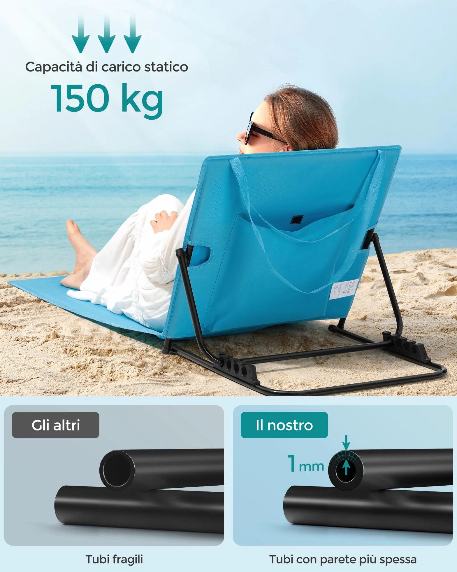 SONGMICS Set di 2 Lettini da Spiaggia, Sedie a Sdraio, Portatile con Manico, 158 x 55 cm, Azzurro Cielo