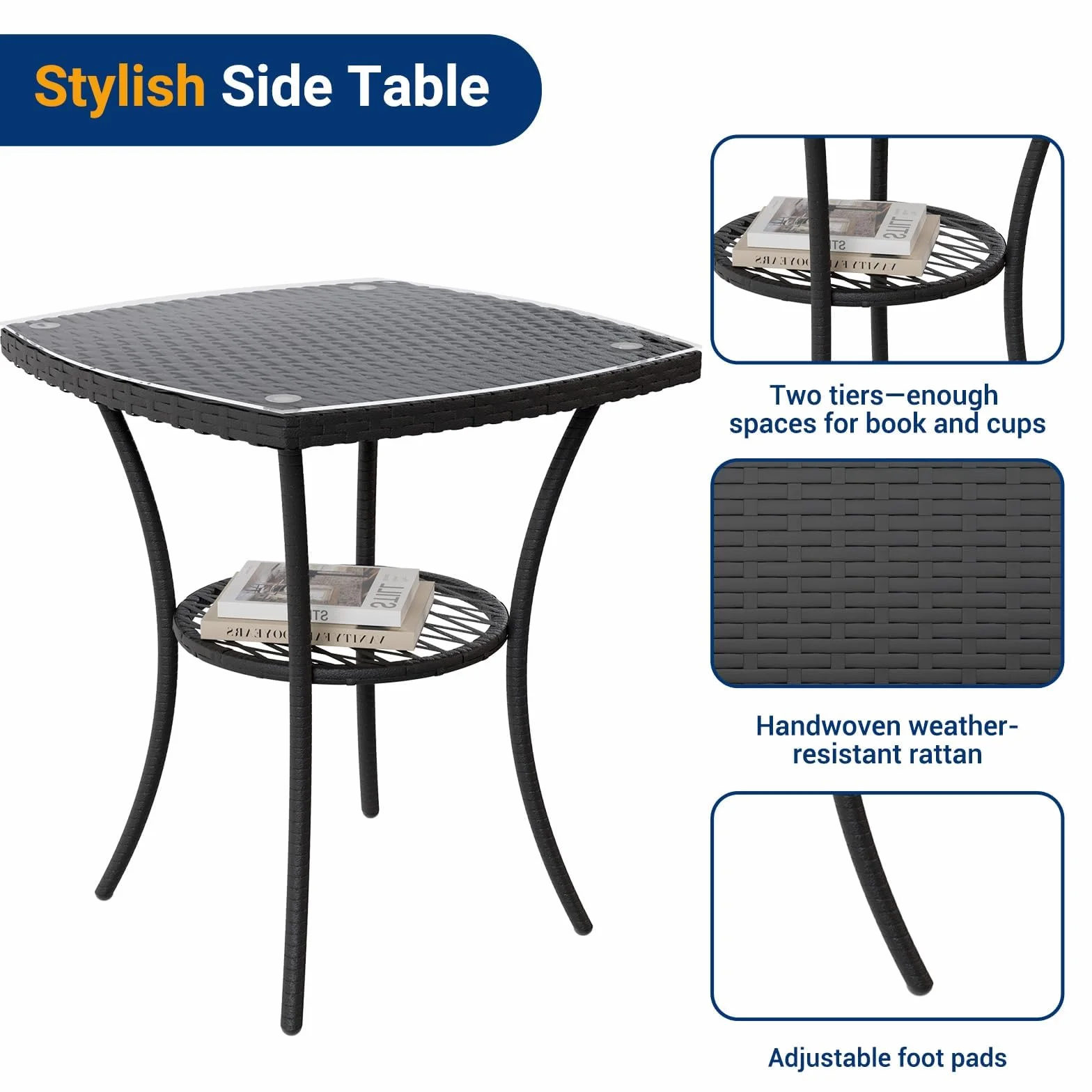 UDPATIO Salotto da Giardino in Rattan, Set Mobili da Giardino 3 Poltrone e Tavolino, Struttura Metallica, Vetro Temperato, Nero