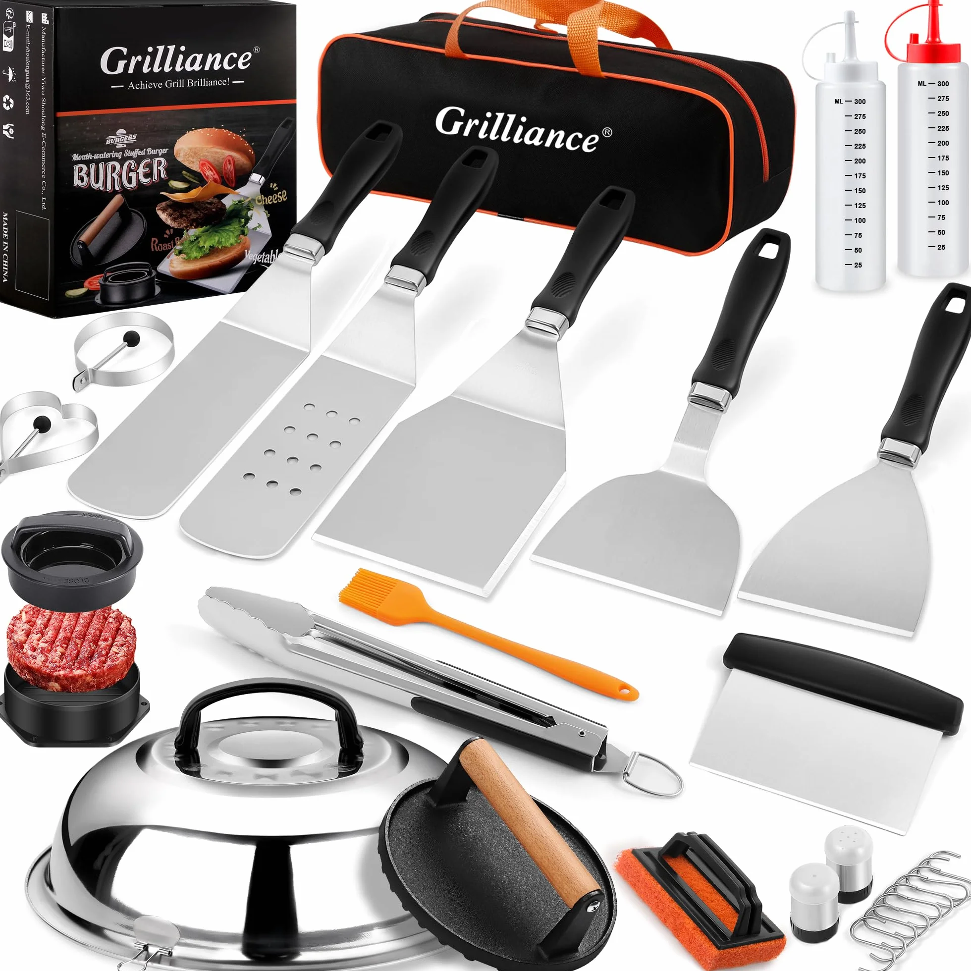 Grilliance 27PCS Griglia Set di Spatola Plancha Accessori per Uomini, Kit Utensili Barbecue Teppanyaki Acciaio Inox, Professionale Hibachi Smasher Burger set Regalo con Hamburger Pressa, Patty Maker