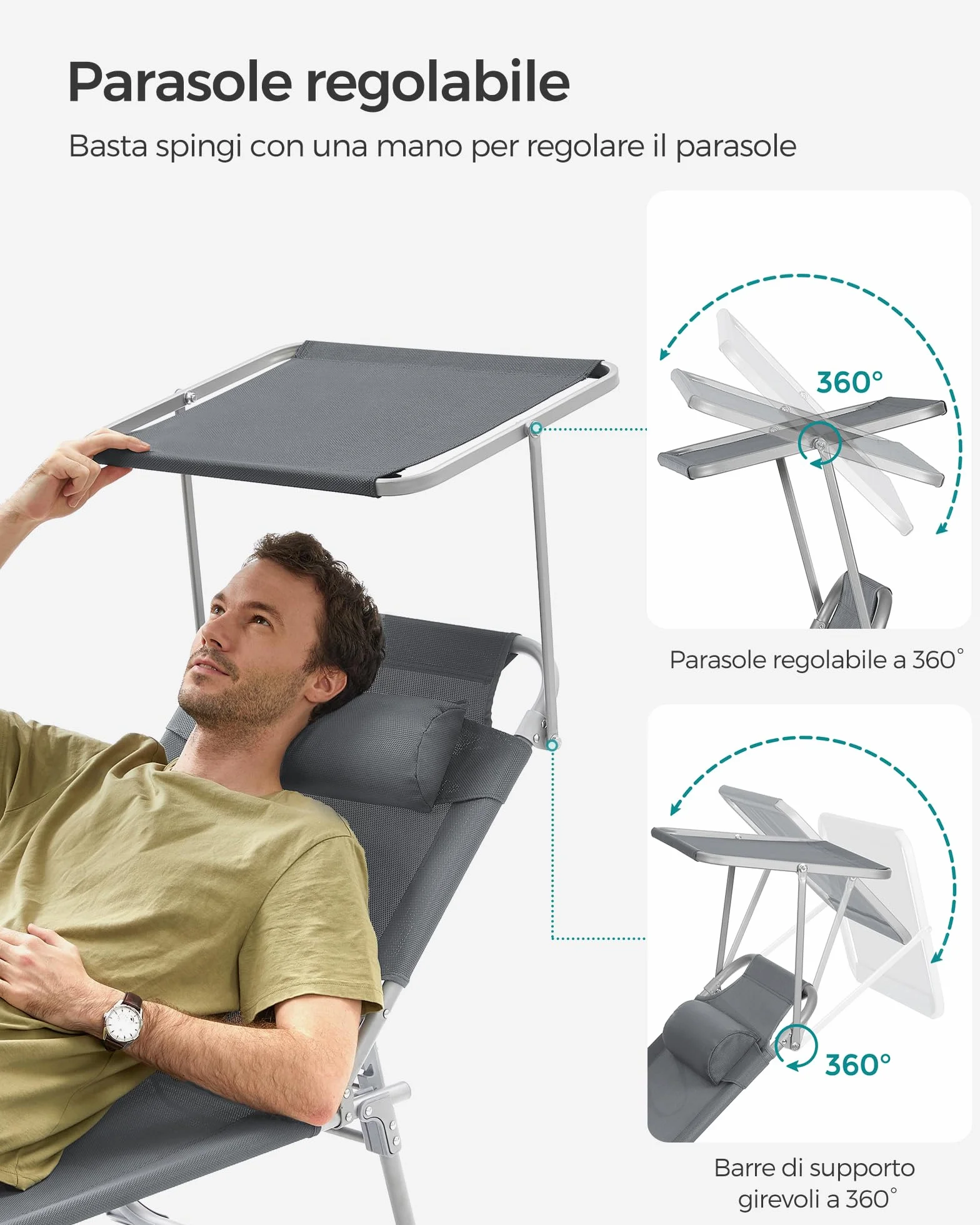 SONGMICS Lettino Prendisole Pieghevole 193x53x29 cm Max Portata 150 kg Poggiatesta Parasole Schienale Reclinabile Grigio Scuro