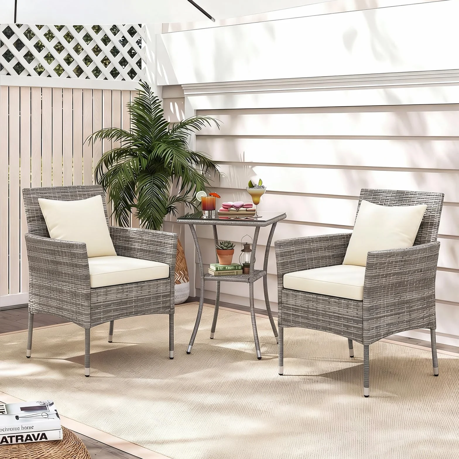 GIANTEX Set Mobili da Balcone 3 Pezzi, Tavolo e 2 Sedie in Rattan con Cuscini