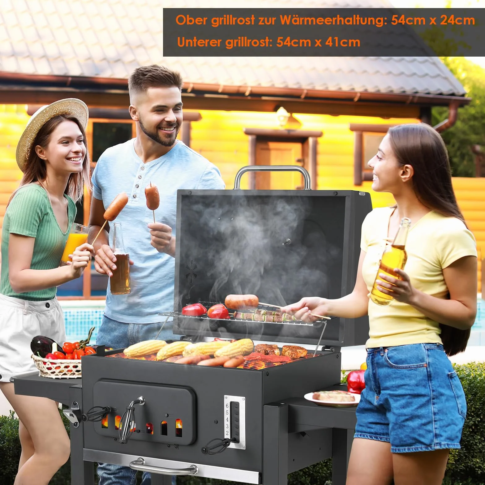 TLSUNNY Barbecue Carbonella XXL con Coperchio e Termometro, Ripiani Pieghevoli, Griglia BBQ Carbonella Grigio