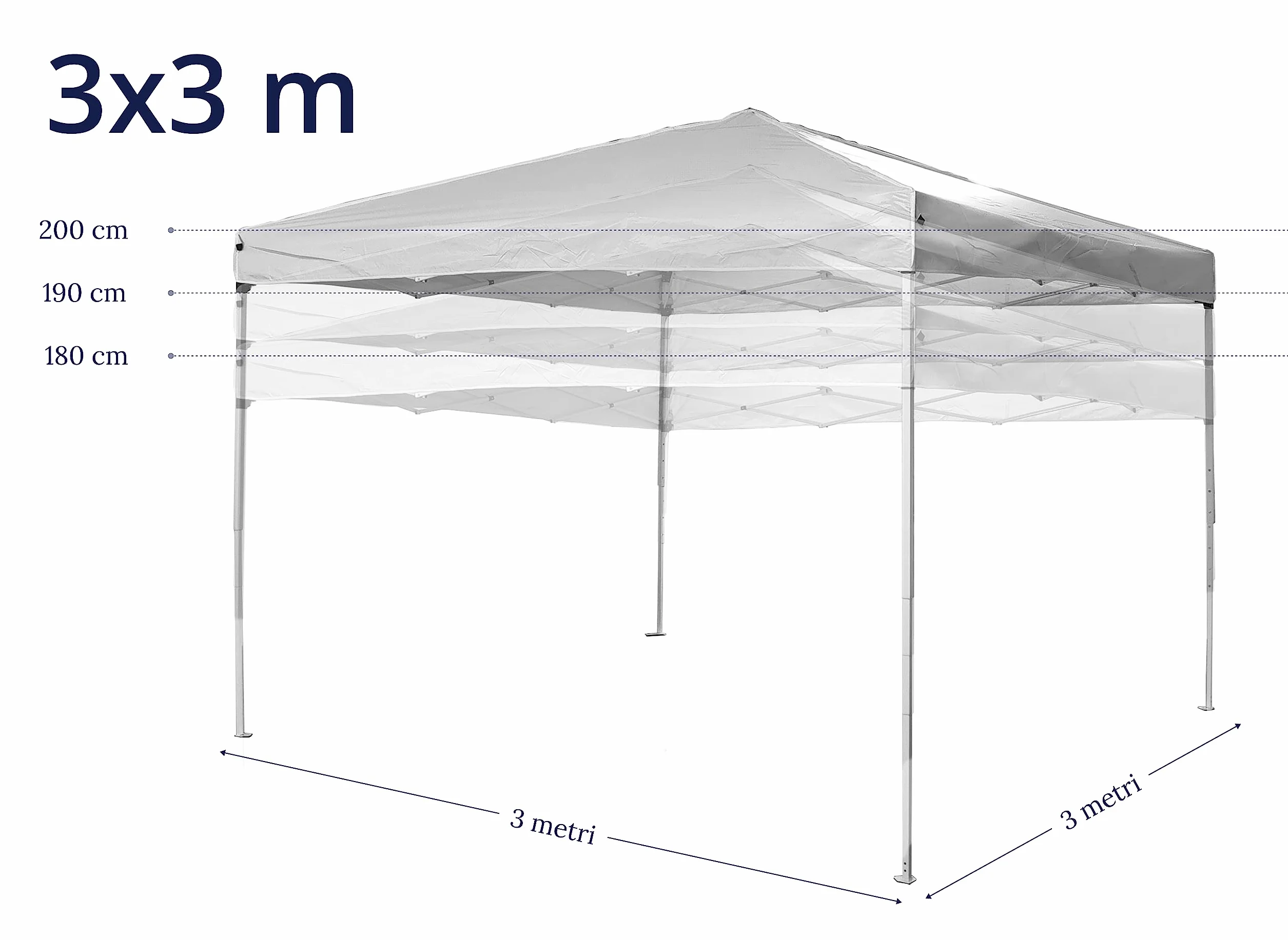 Gazebo Pieghevole Impermeabile 3x3 in Acciaio con 3 Pareti Laterali, Poliestere 160 gr/mq