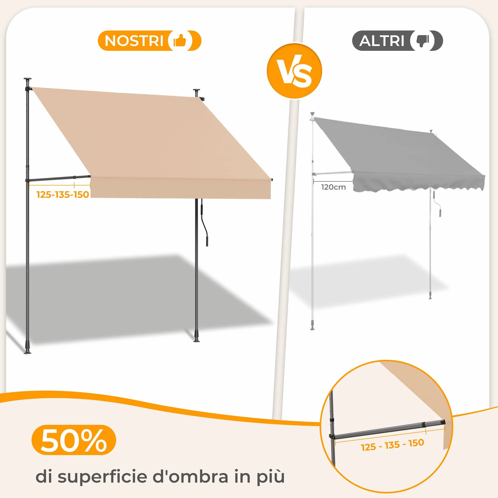 Tenda da Sole a Morsetto con manovella regolabile, Impermeabile Anti-UV, 200 cm x (120-150) cm Cachi