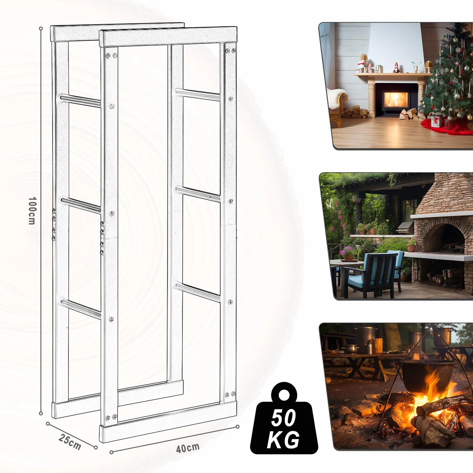Laneetal Portalegna da Interno 40x25x100 cm Metalowy Stojak na Drewno Kominkowe Czarny