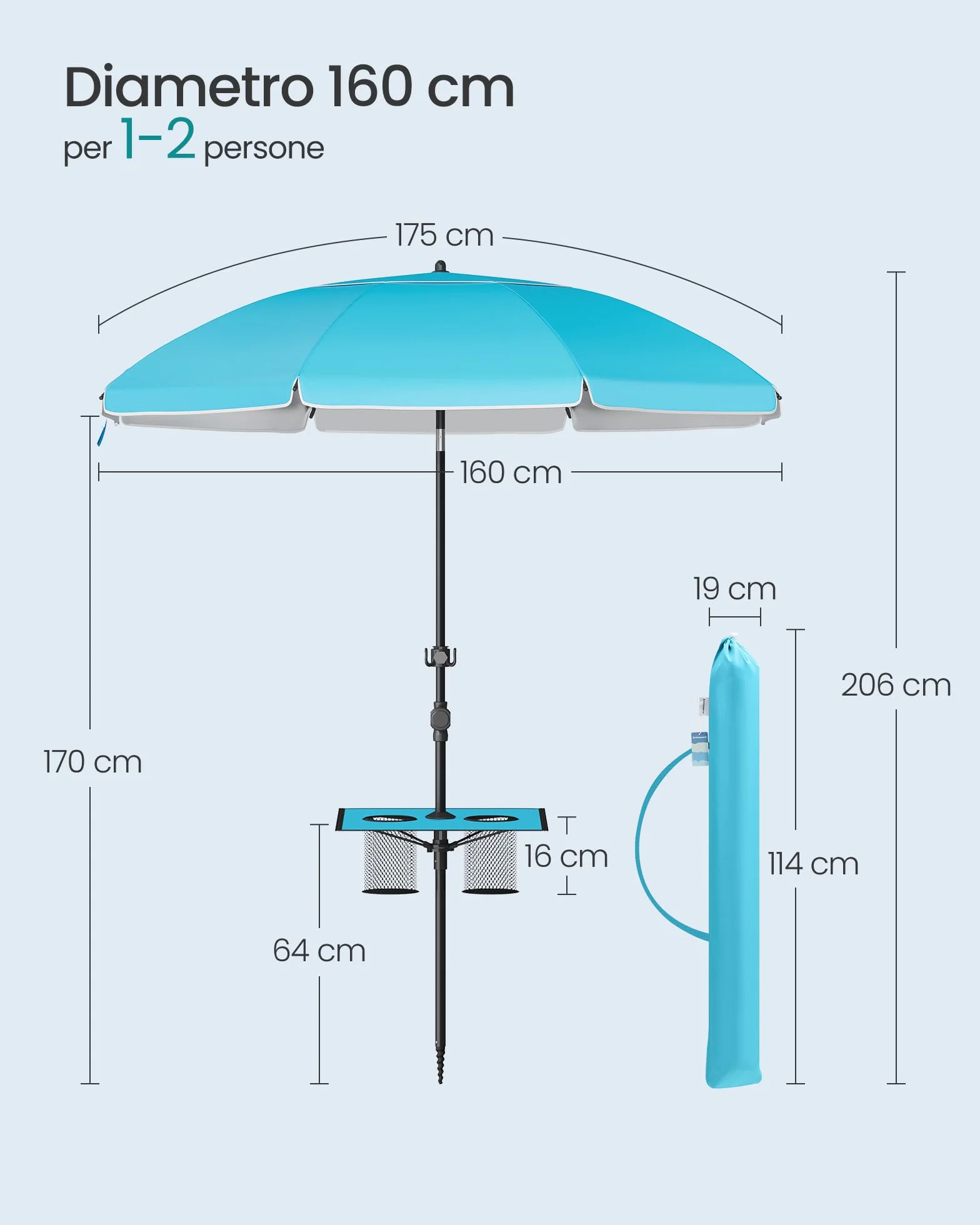 SONGMICS Ombrellone 160 cm UPF 50+ Inclinabile Regolabile Blu