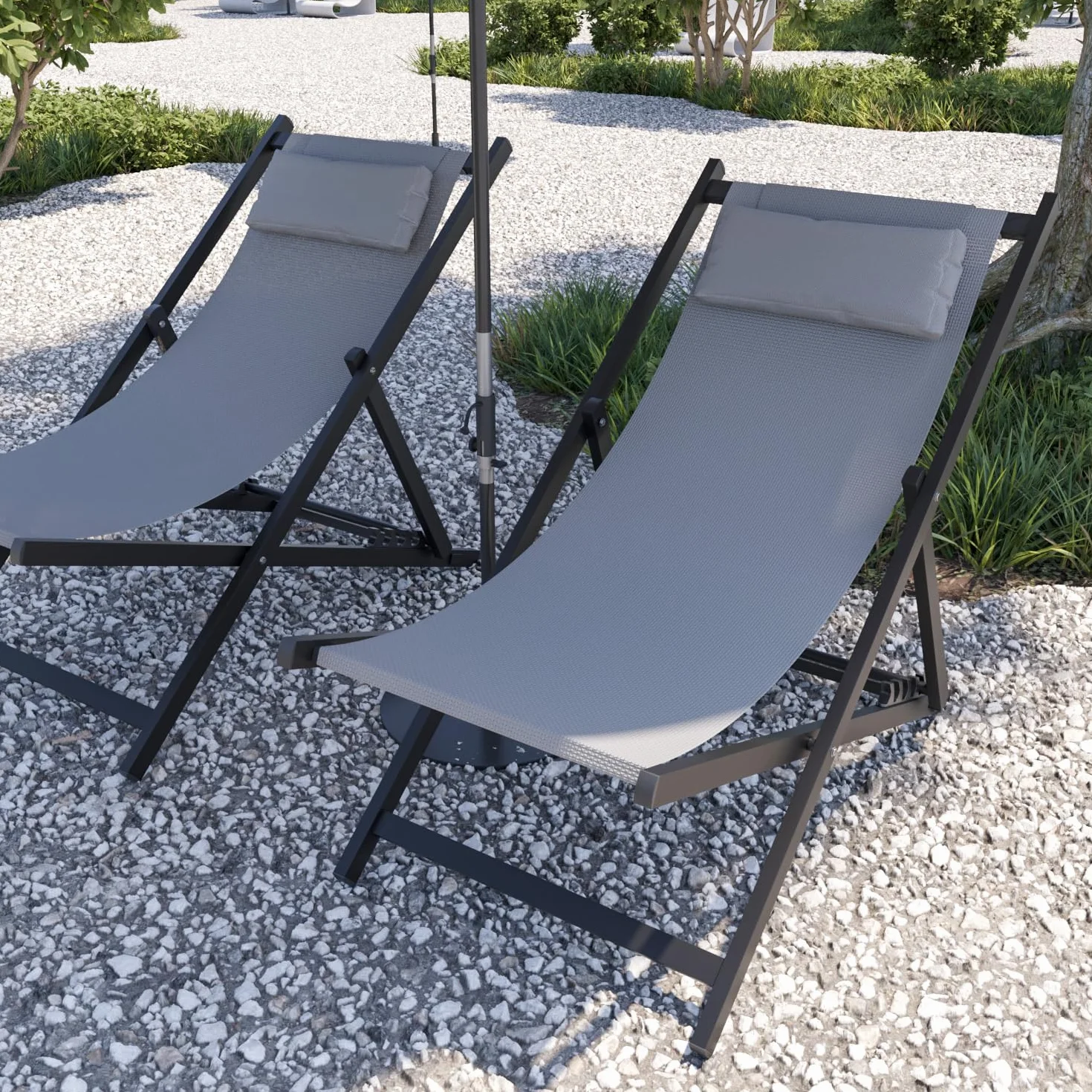 BRICOZONE Set di 2 Sedie Sdraio Leggera Da Giardino Schienale Regolabile Pieghevole Ergonomica Con Cuscino Traspirante Struttura Nera In Alluminio Da Esterno Piscina Mare Portata 160 Kg Grigio