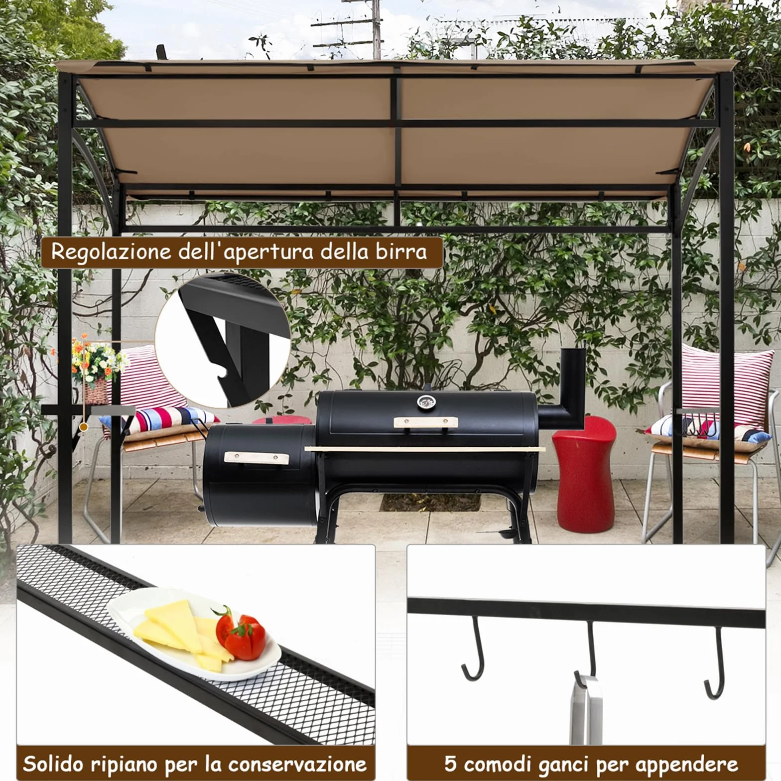 COSTWAY Gazebo per Barbecue 216x134x211 cm Pergola da Giardino con Ripiano e Ganci