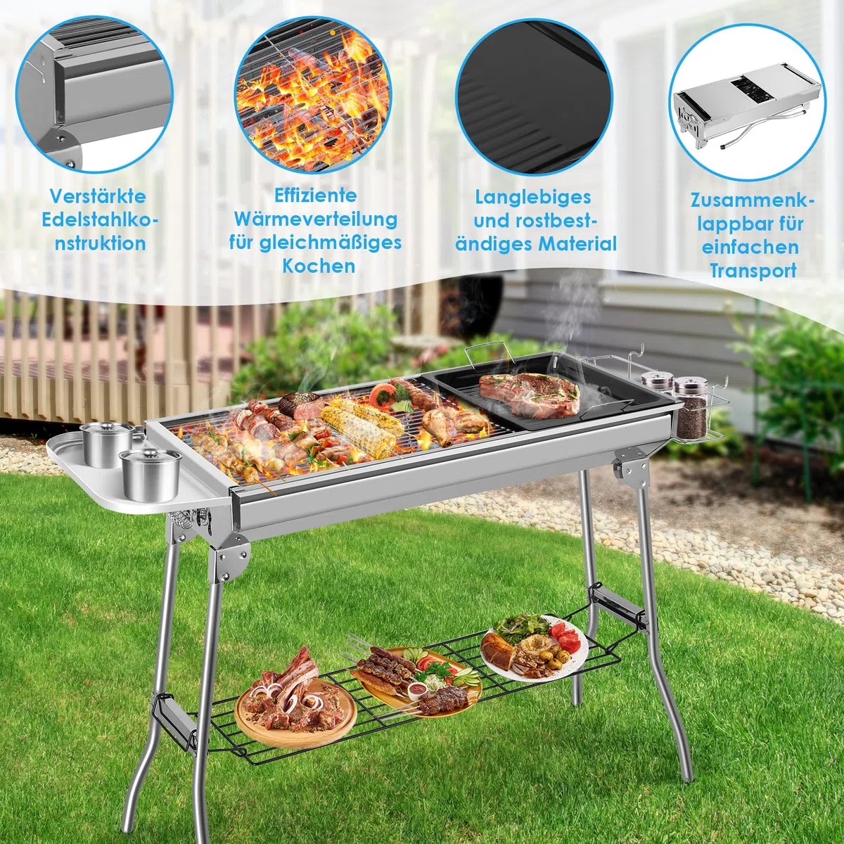 Barbecue a Carbonella XXL, Griglia a Carbone, Griglia Campeggio, Barbecue a Cabone Portatile Pieghevole in Acciaio Inossidabile con Padella Antiaderente, per Giardino Terrazza Picnic Campeggio