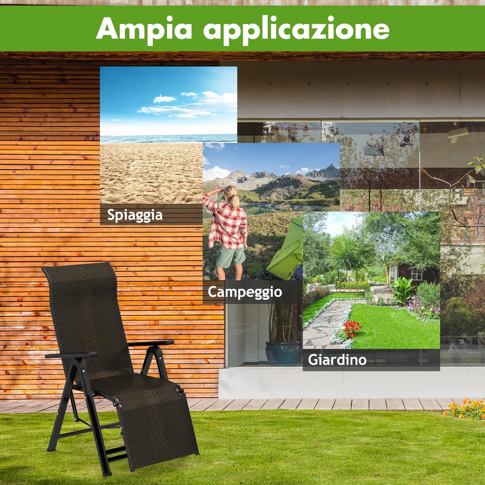 COSTWAY Sdraio da Giardino Pieghevoli in Rattan e Acciaio, Schienale Regolabile 10 Posizioni, Portata 113 kg, 2 Pezzi