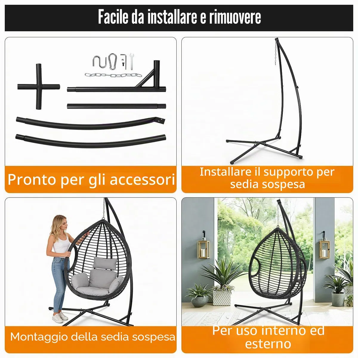 Struttura per poltrona sospesa, in metallo, 150 kg, per poltrona sospesa in interni, camera da letto, giardino, 120 x 120 x 210 cm