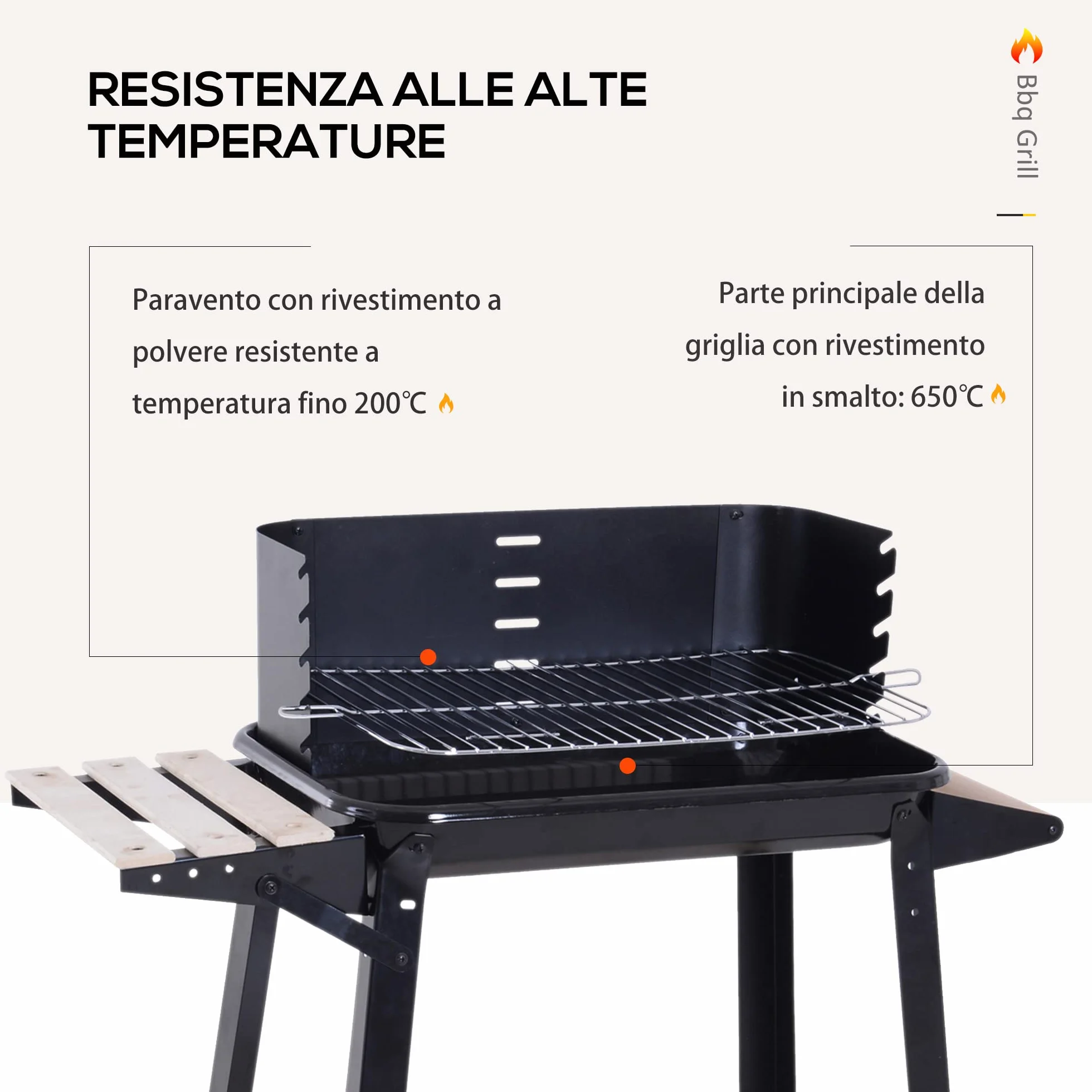 Outsunny Griglia a Carbone Barbecue BBQ Carrello Grill 83x37x87 cm Nero Ferro Legno