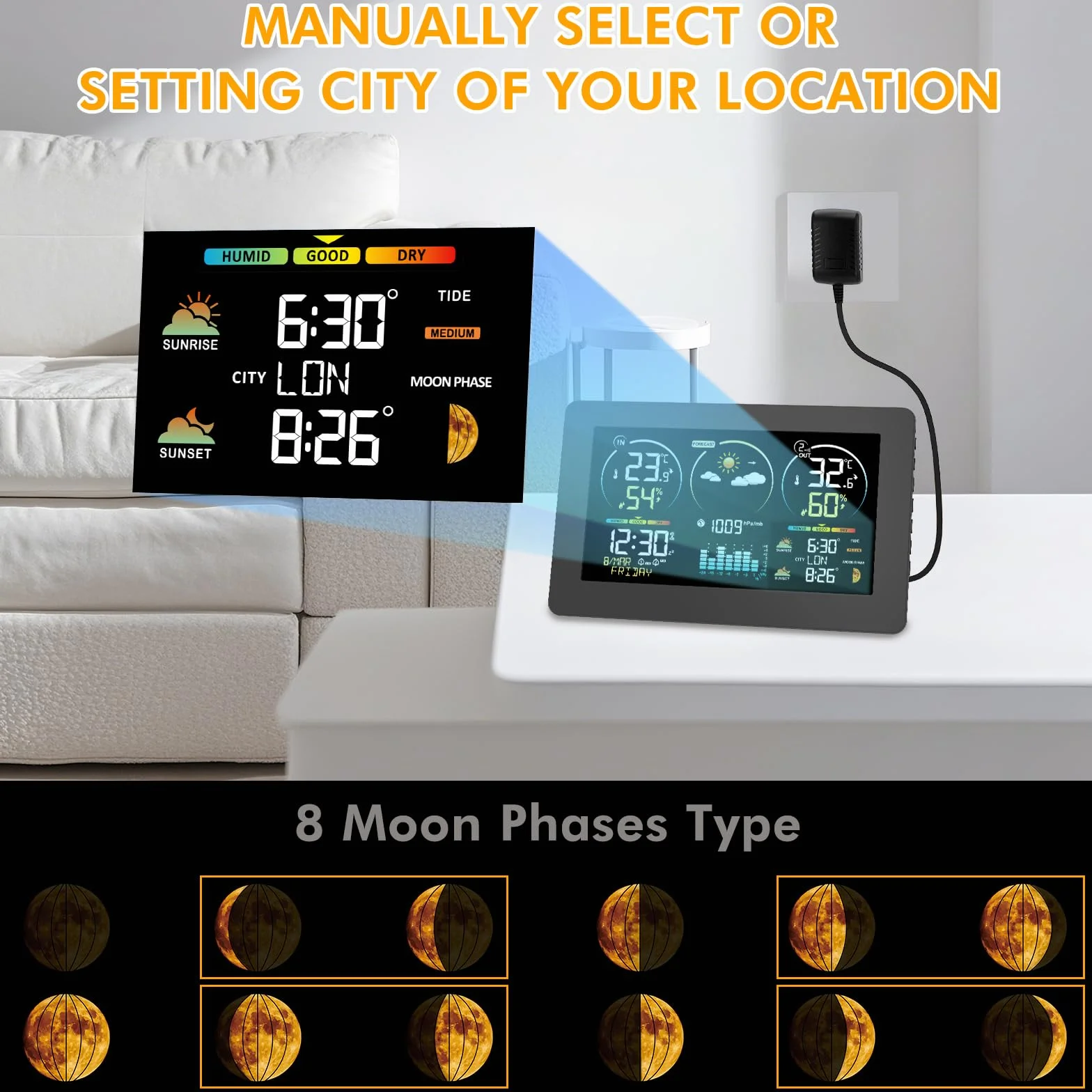 Stazione Meteo con Sensore Esterno, Termometro Digitale Senza Fili con Display a Colori, Monitor di Temperatura e Umidità, Previsioni del Tempo con Retroilluminazione Regolabile e Calendario, Nero