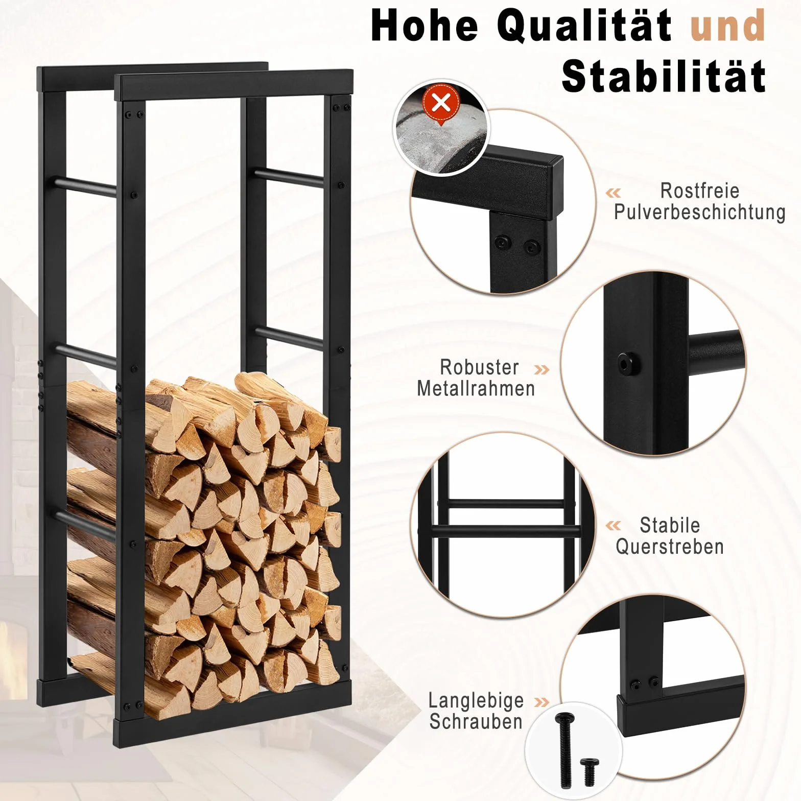 Laneetal Portalegna da Interno 40x25x100 cm Metalowy Stojak na Drewno Kominkowe Czarny