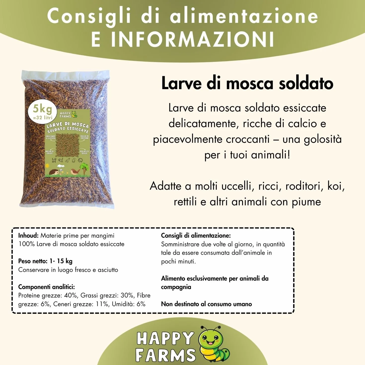 Larve di mosca soldati secchi 10 kg mangime ricco di proteine per uccelli, ricci e pesci