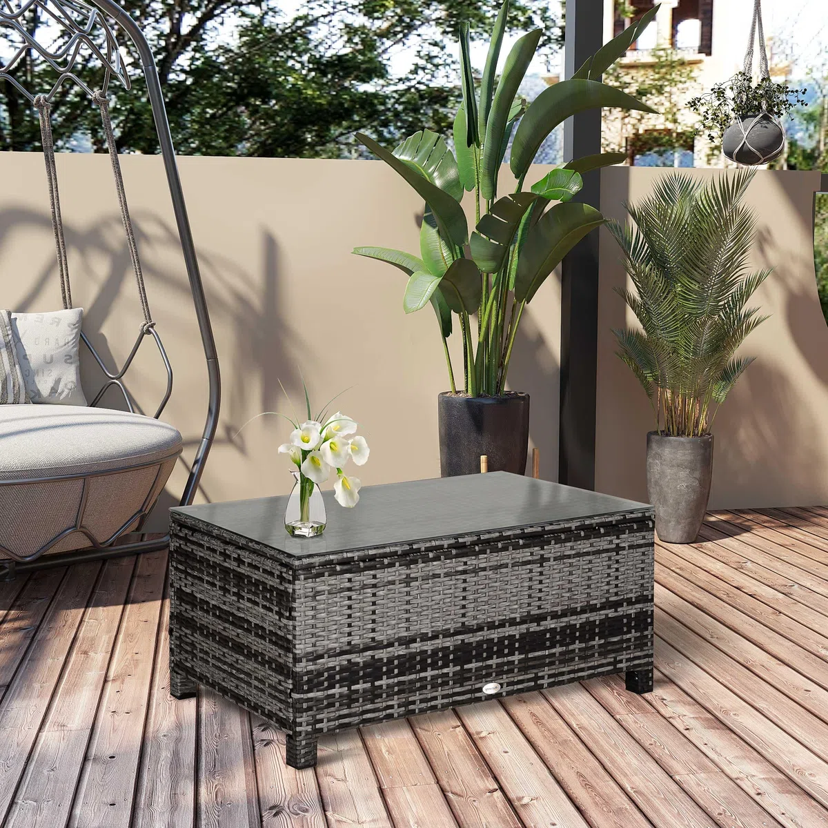 Outsunny Tavolino da giardino rattan sintetico vetro temperato 85x50x39 cm Grigio