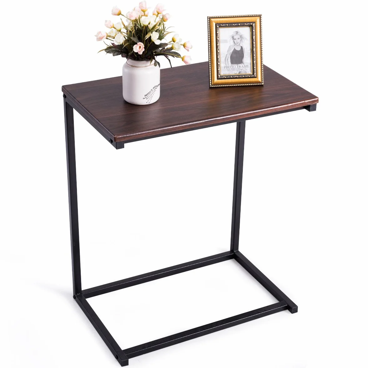 COSTWAY Tavolino Porta PC Laptop, Tavolo da caffè in Legno e Metallo, Ideale per Soggiorno, Balcone, Studio e Giardino, 55 x 35 x 65 cm (Noce)