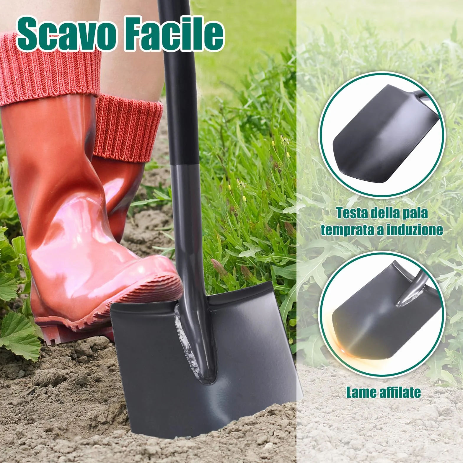 HYCHIKA Pala da Giardino Picco, Vanga da Giardinaggi, Pala da Scavo, Acciaio Temprato di Alta Qualità, Manico Ergonomico Impugnatura a D, per Piante, Agricola, Diserbo, Spalatura Neve