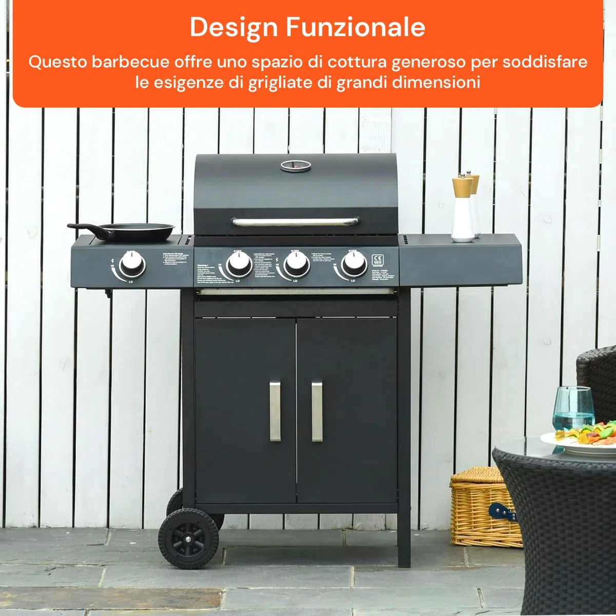 Avilia Barbecue a Gas GPL 3 Fuochi Fornello Laterale Griglia Acciaio Piastra Ghisa BBQ Termometro