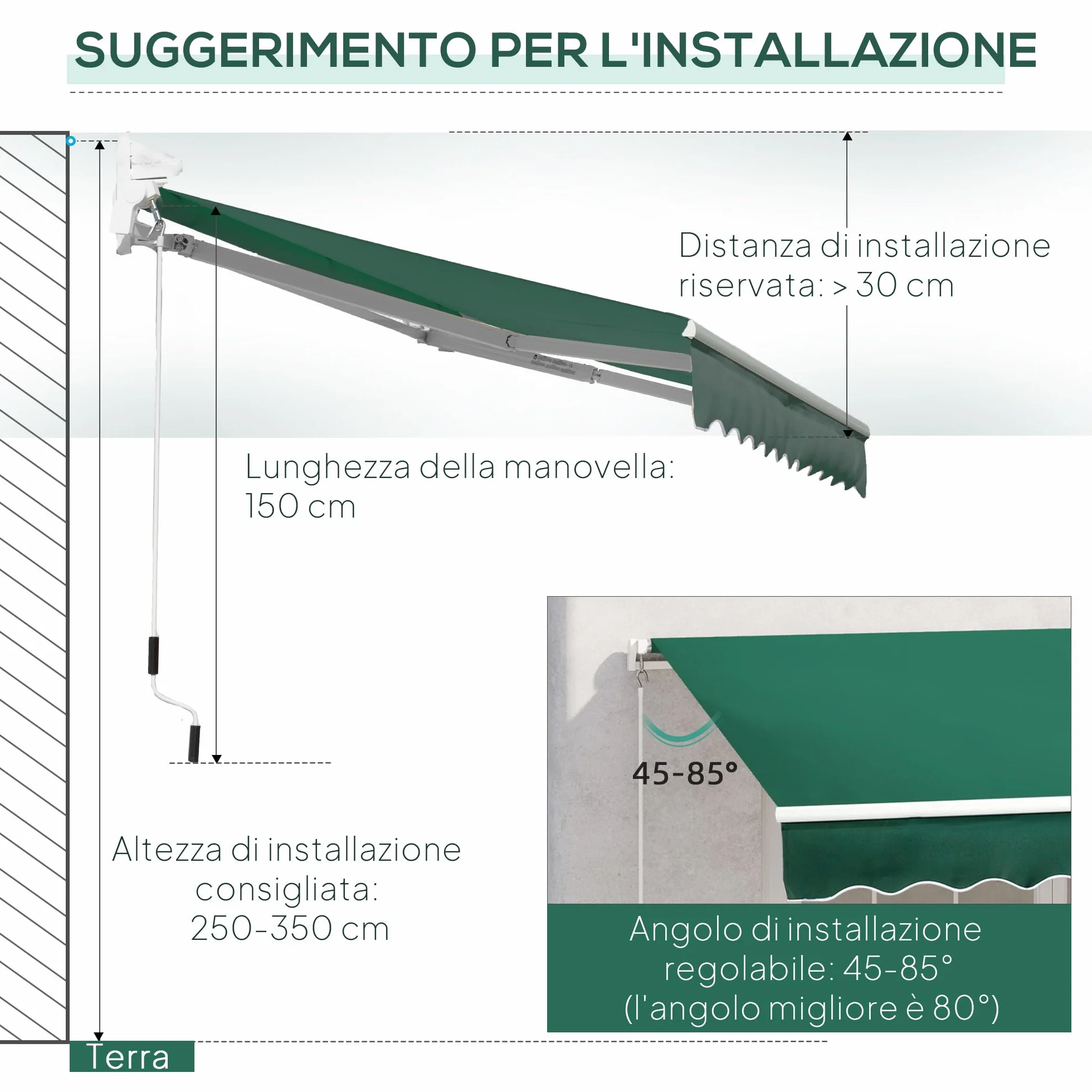 Outsunny Tenda da Sole 3x2 m con Braccio Avvolgibile, Tenda Parasole da Esterno a Manovella in Alluminio e Tessuto Poliestere, Protezione UV, Verde