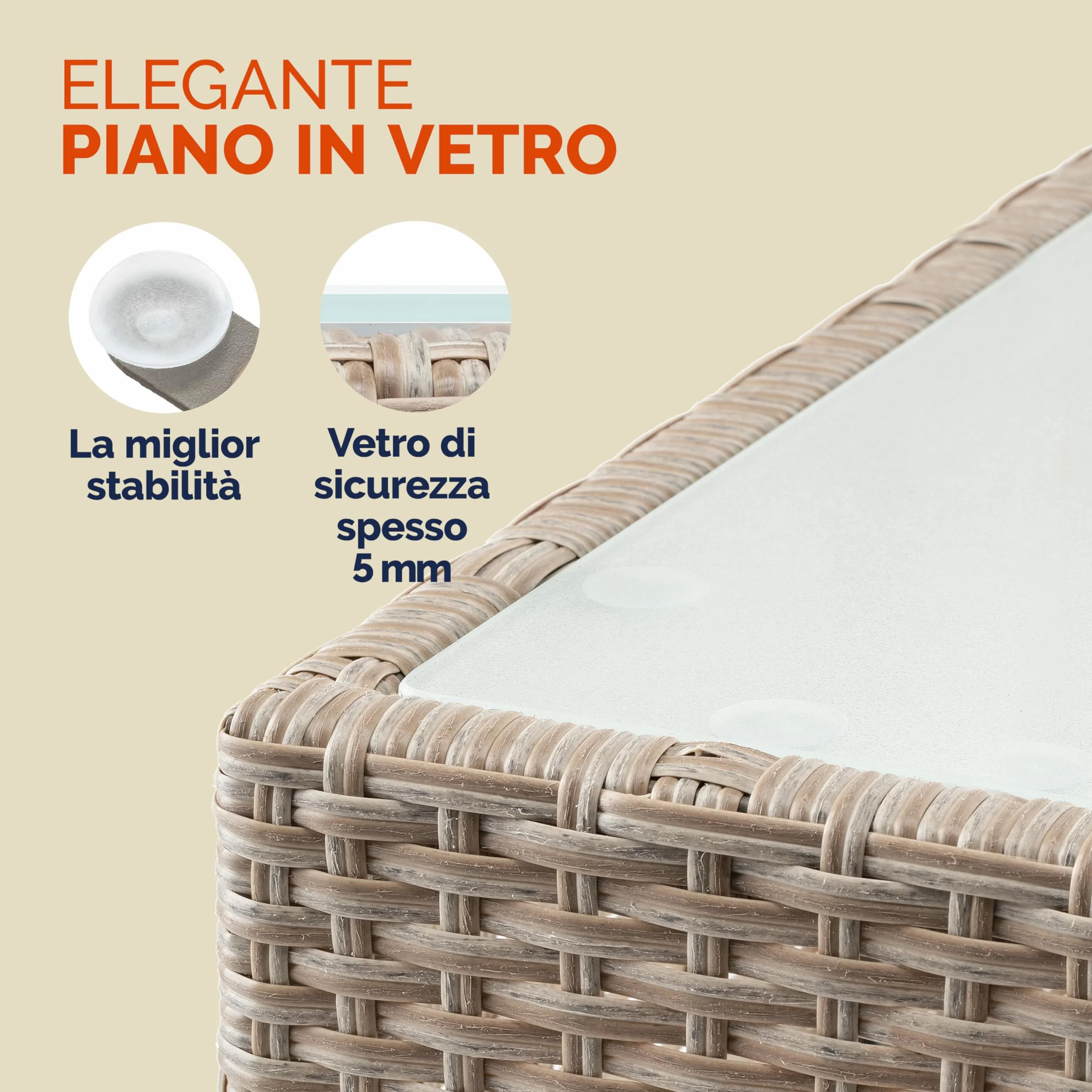 Casaria Tavolino da Giardino Esterno in Polyrattan 58x58x42cm Tavolo Basso da Caffè Quadrato Vetro