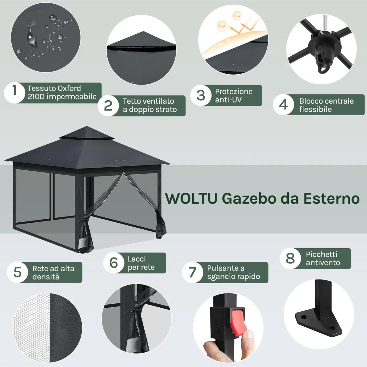 WOLTU Gazebo da Giardino 3x3 Pieghevole Impermeabile con Zanzariera Doppio Tetto Antracite