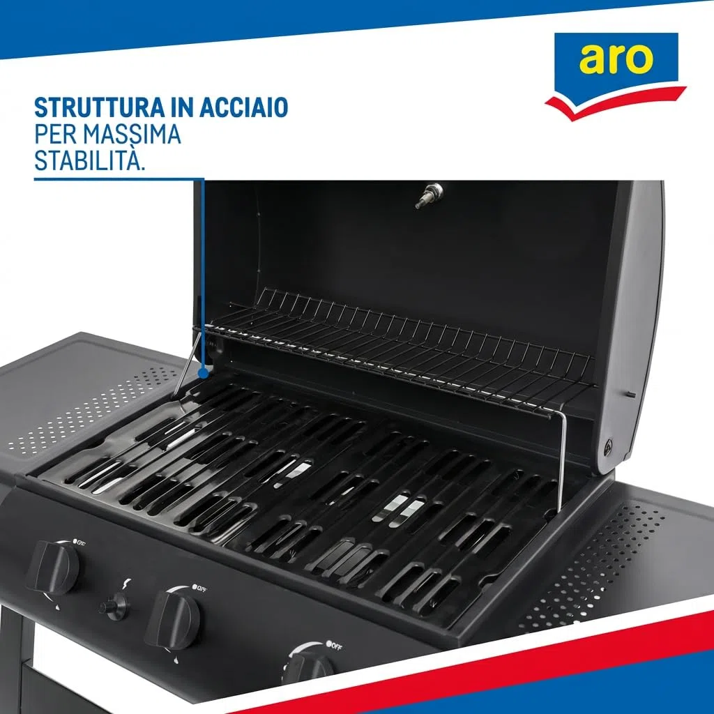 aro Barbecue a Gas 3 Bruciatori Acciaio Nero con Termometro Tavolini Laterali