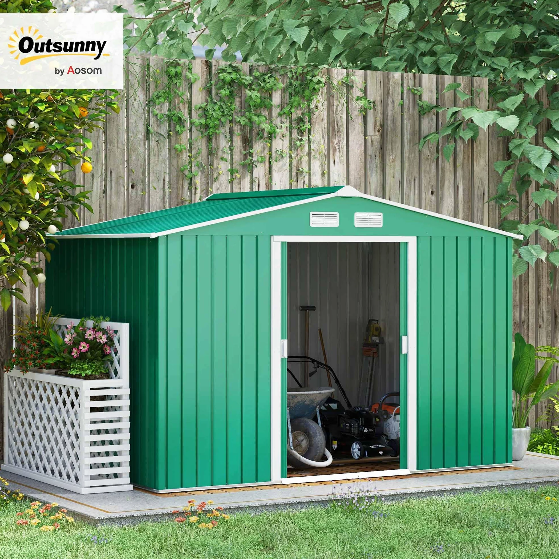 Outsunny Casetta da Giardino 4.9 m² Lamiera d'Acciaio 277x195x192 cm Verde Scuro