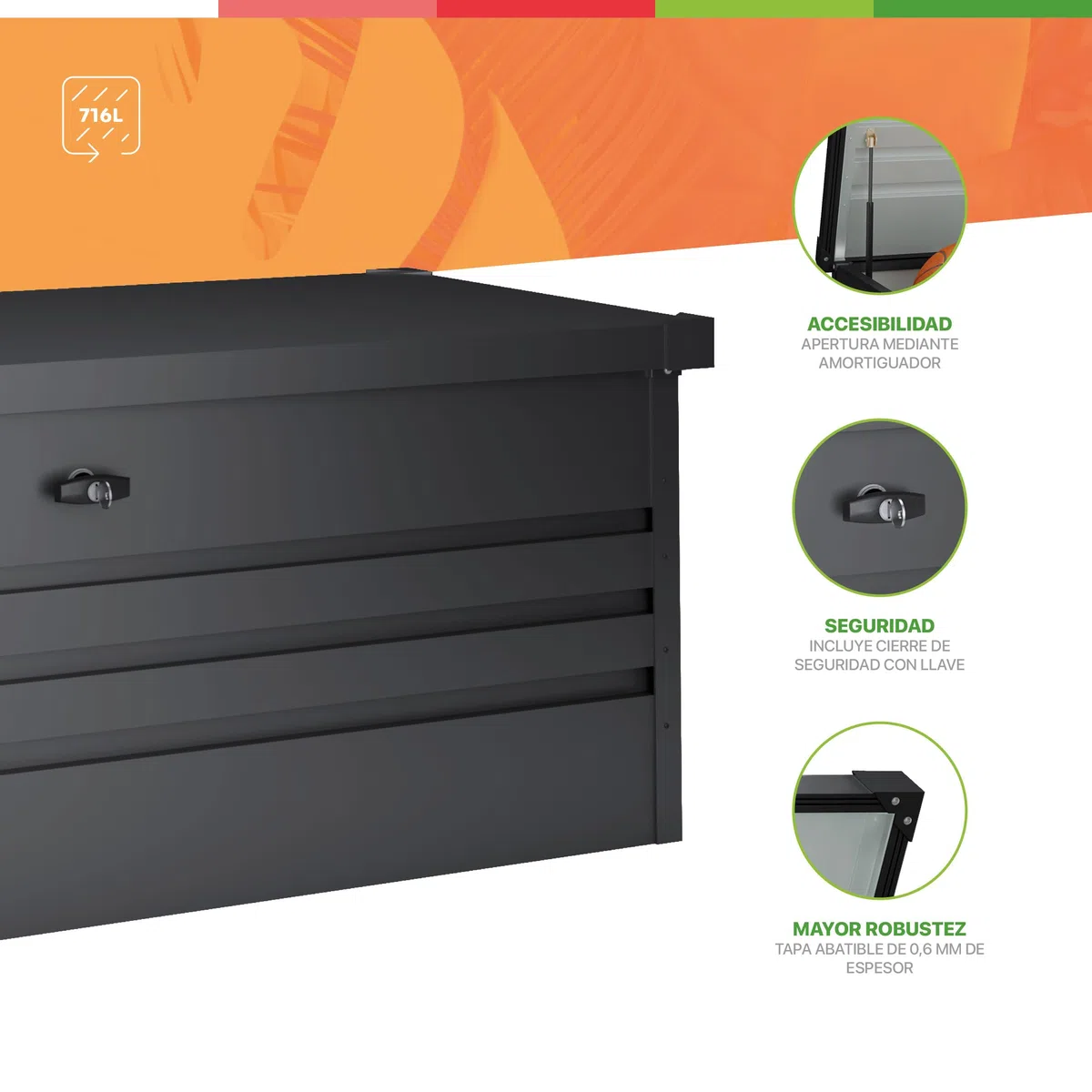 Hoggar Box da giardino in metallo, XXL, 716 litri, spessore 0,40 mm, resistente alle intemperie, per esterni, chiave inclusa, coperchio pieghevole, fondo incluso, cassapanca da giardino, impermeabile,