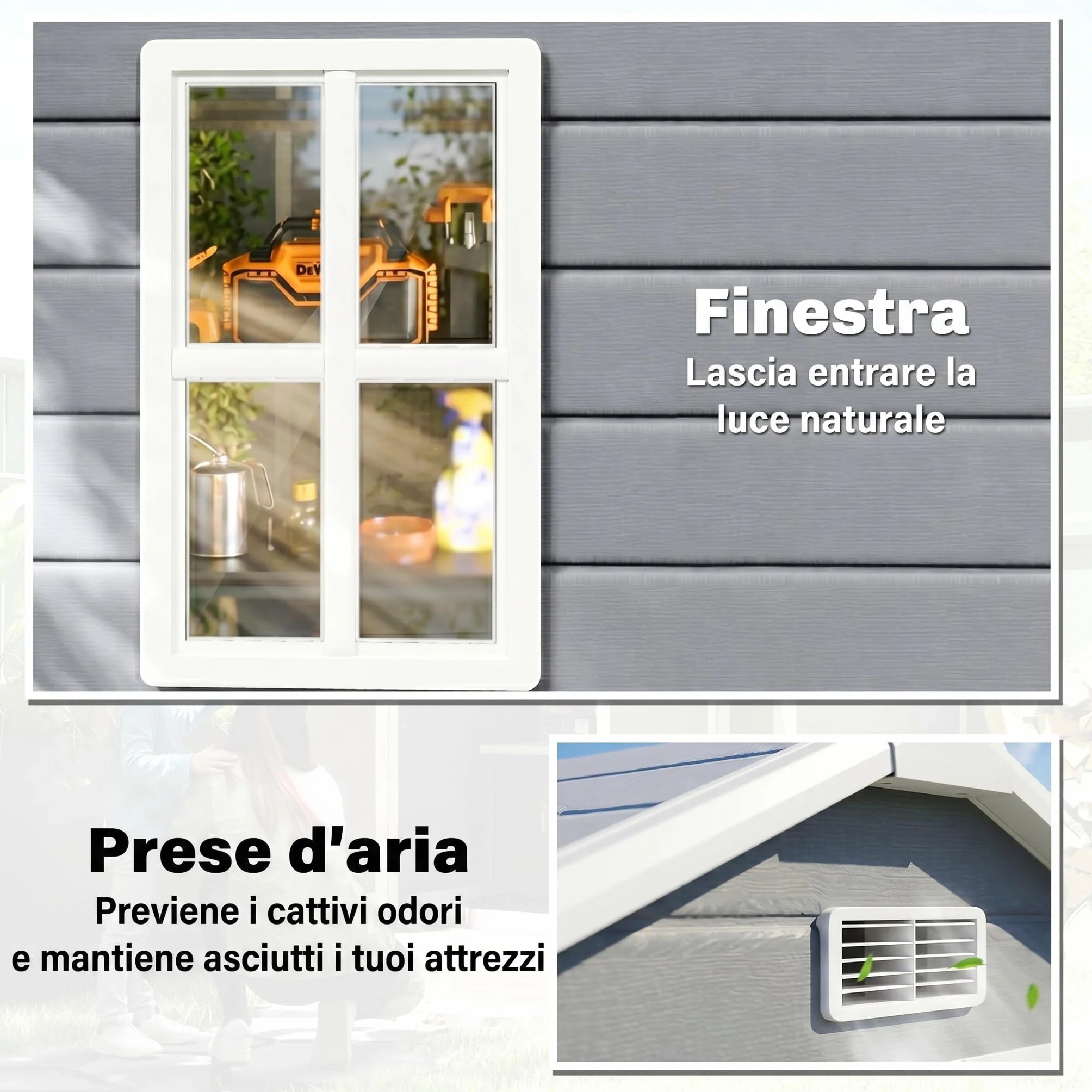 Outsunny Casetta da Giardino Porta Attrezzi in Finitura Effetto Legno Graffiato con Pavimento, 2.12m² Capanno da Giardino con Doppia Porte e Serratura, Tetto Inclinato, 183x134x210 cm, Grigio