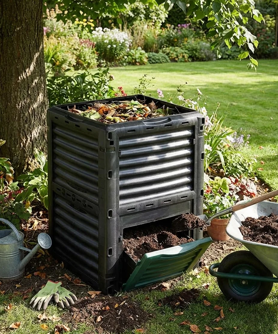 Compostiera termica da giardino, 300 l, di alta qualità, con coperchio ribaltabile, in plastica riciclata, 83 x 61 x 61 cm, prodotto UE