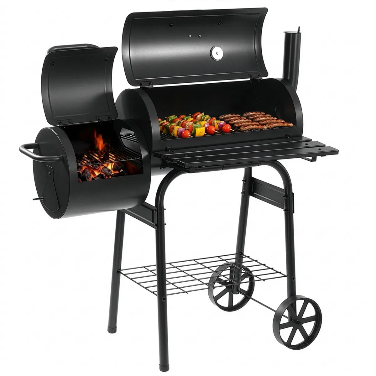 LEHMANN Barbecue a Carbonella e Affumicatore 2 in 1, BBQ Griglia di Cottura XXL, Coperchio con Termometro e Maniglia Antiscottatura, 2 Ruote, Tavolini Laterali Pieghevoli & Ripiano Inferiore, Nero