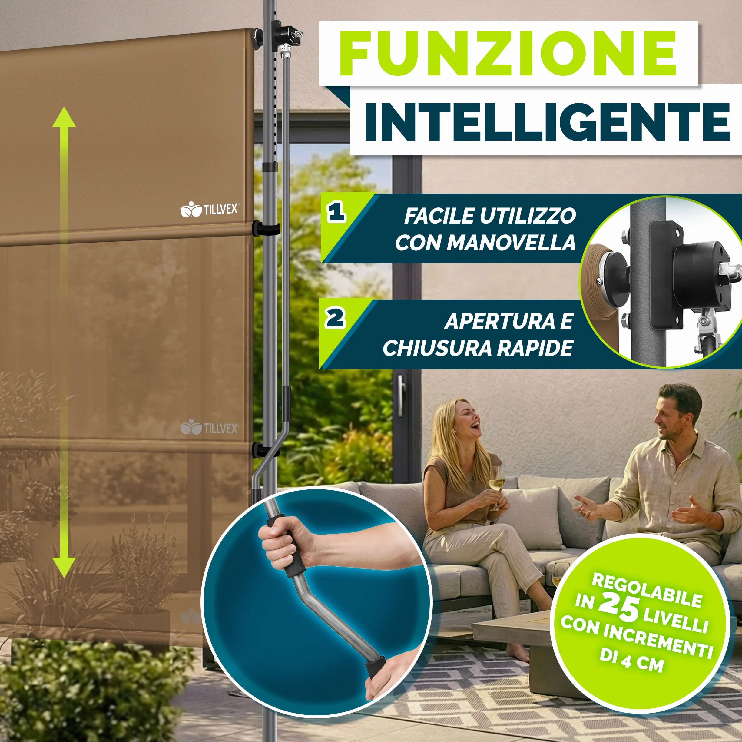 Tillvex Tenda da sole verticale per esterni 200 x 310 cm Taupe con manovella frangivista estraibile opaca balcone terrazza resistente intemperie