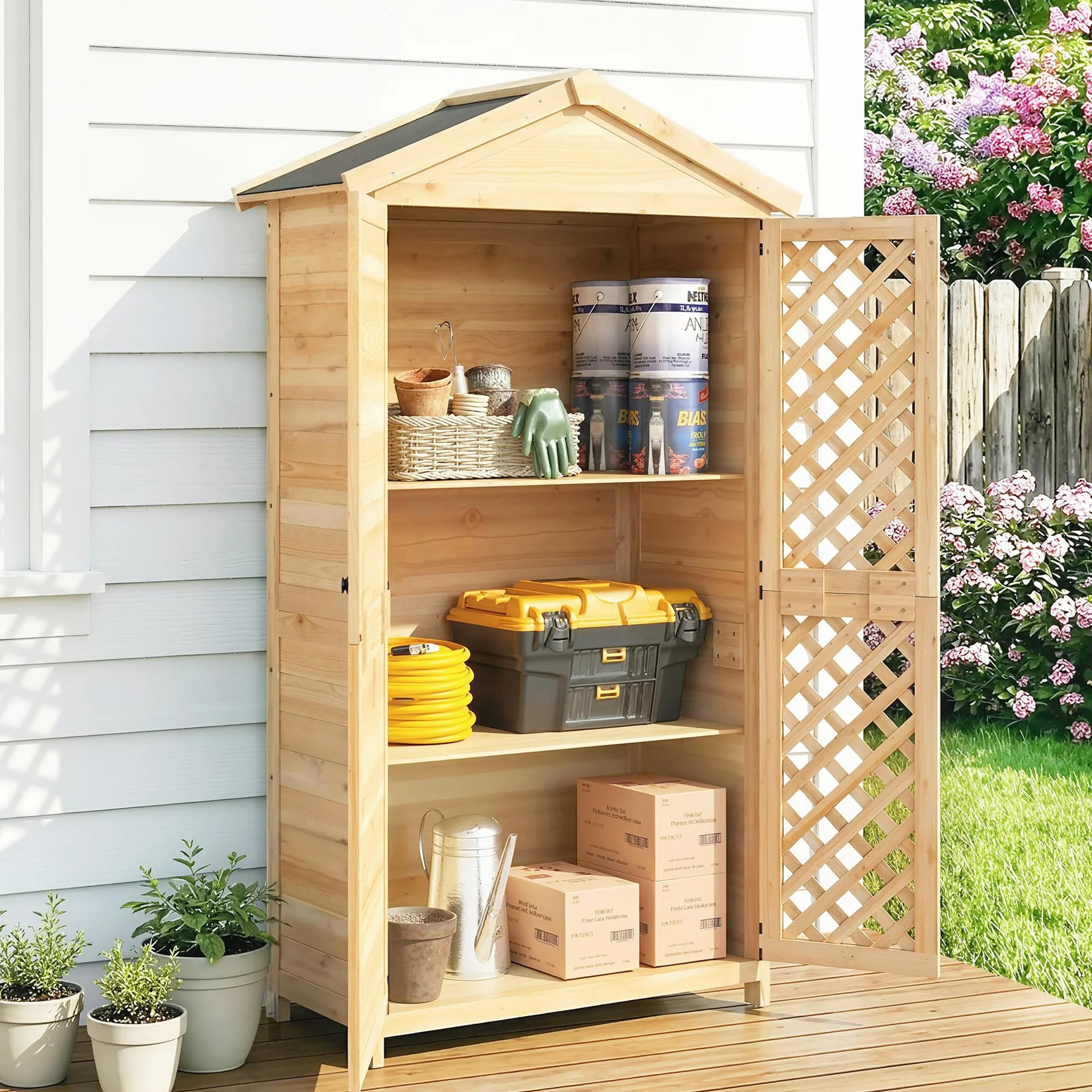 Outsunny Armadio da Giardino in Legno di Abete con Ante Ventilate e Kit Antiribaltamento, Casetta Porta Attrezzi da Esterno con Ripiani Rimovibili e Tetto Inclinato in Asfalto, Colore Legno