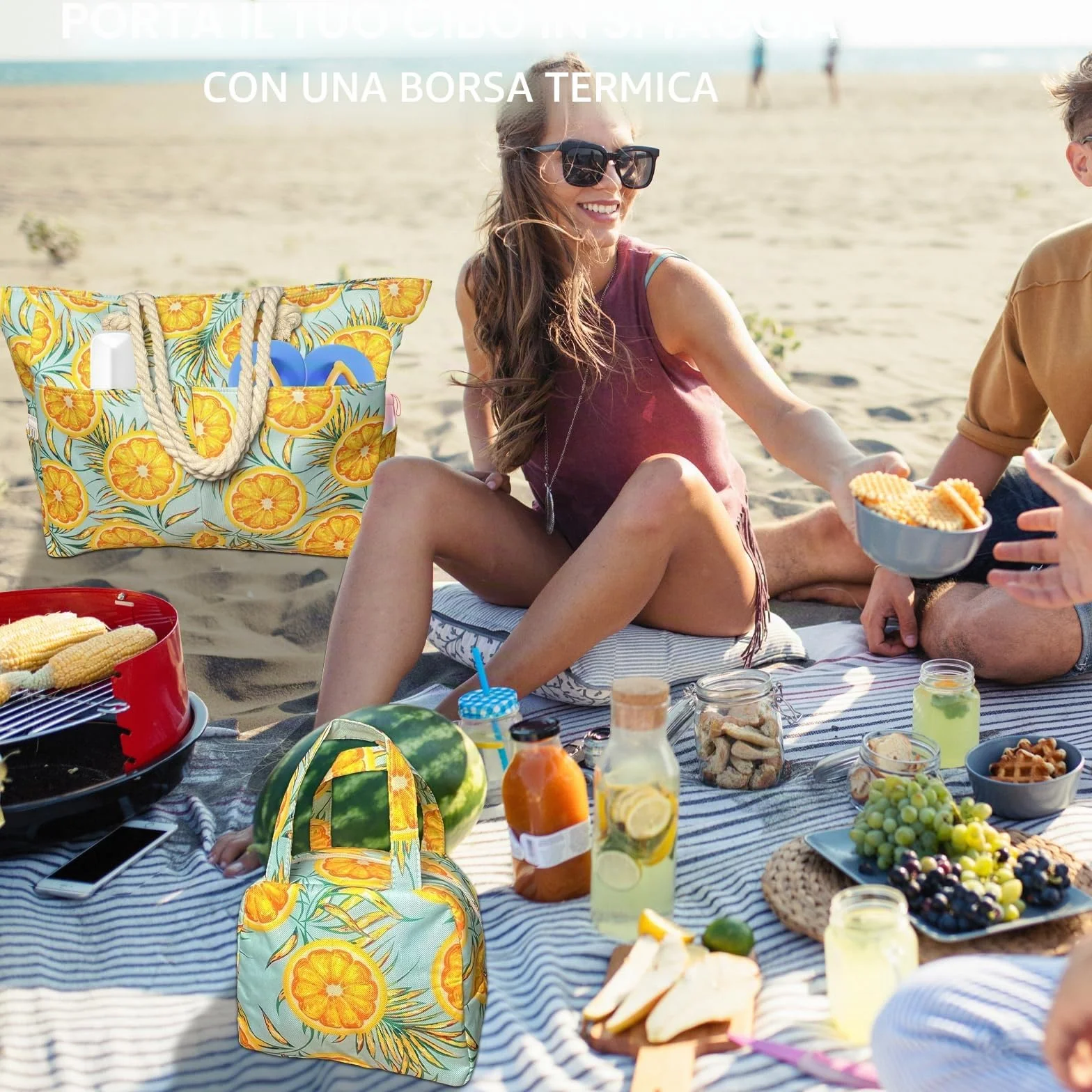 Borsa Spiaggia XXL 50L Arancione Donna Grande Impermeabile Pieghevole Termica con Cerniera