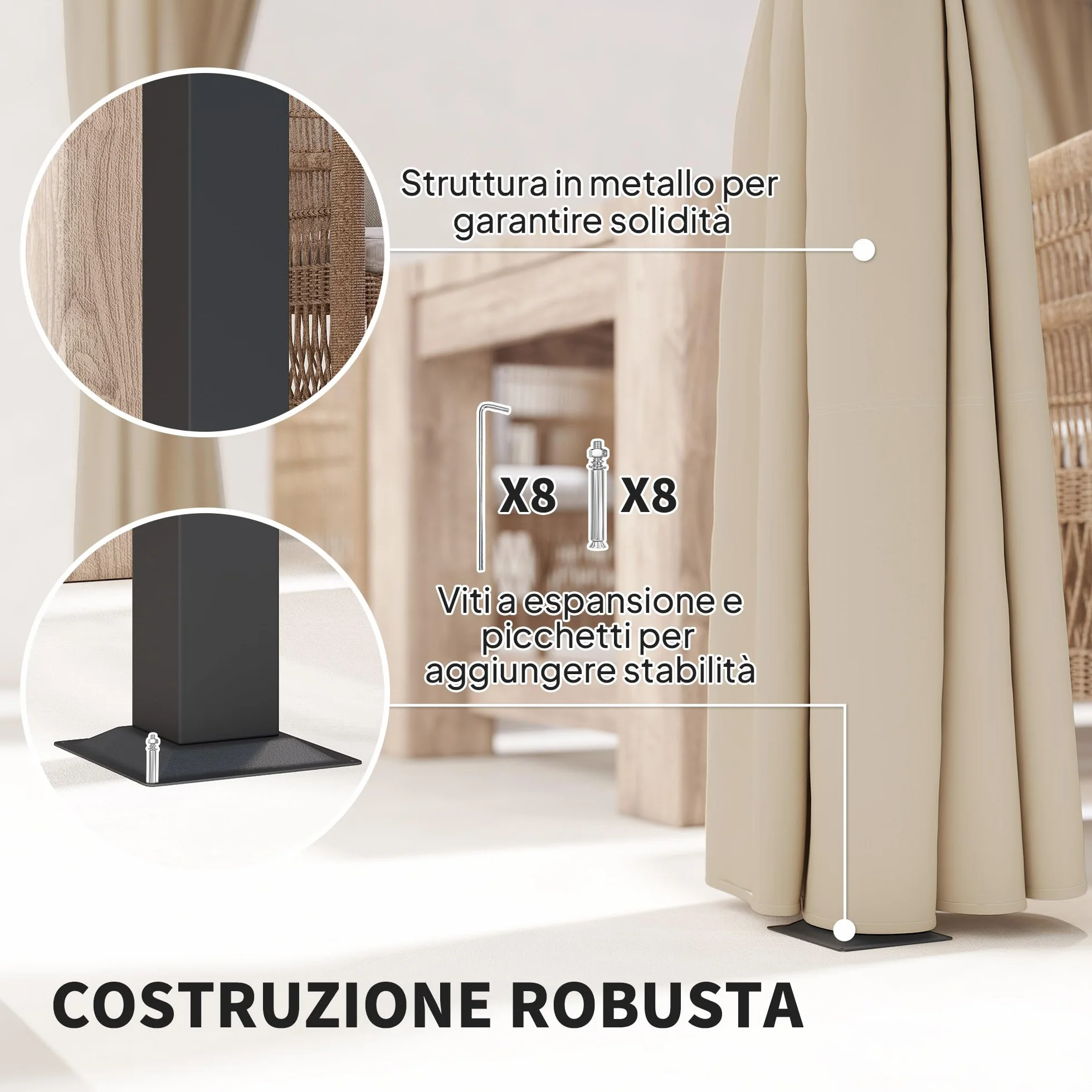 Outsunny Gazebo Pergola 3x3 m con Pareti Laterali e Tetto Retrattile, Metallo e Poliestere 180g/㎡, Beige