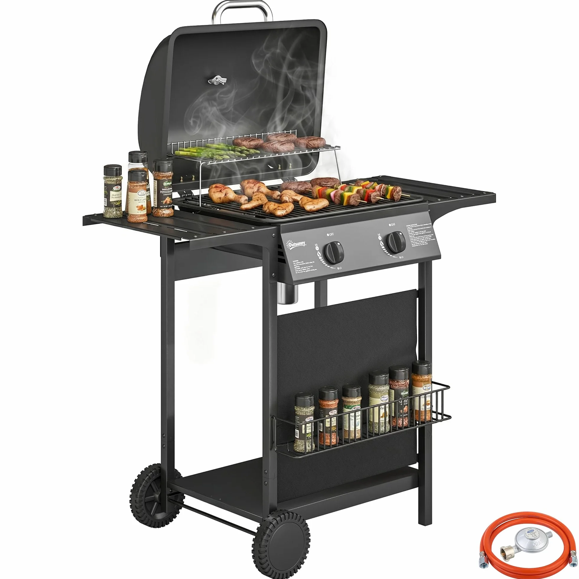 Outsunny Barbecue a Gas 2 Bruciatori 5KW BBQ Portatile Griglia Acciaio Inox con Ruote Giardino