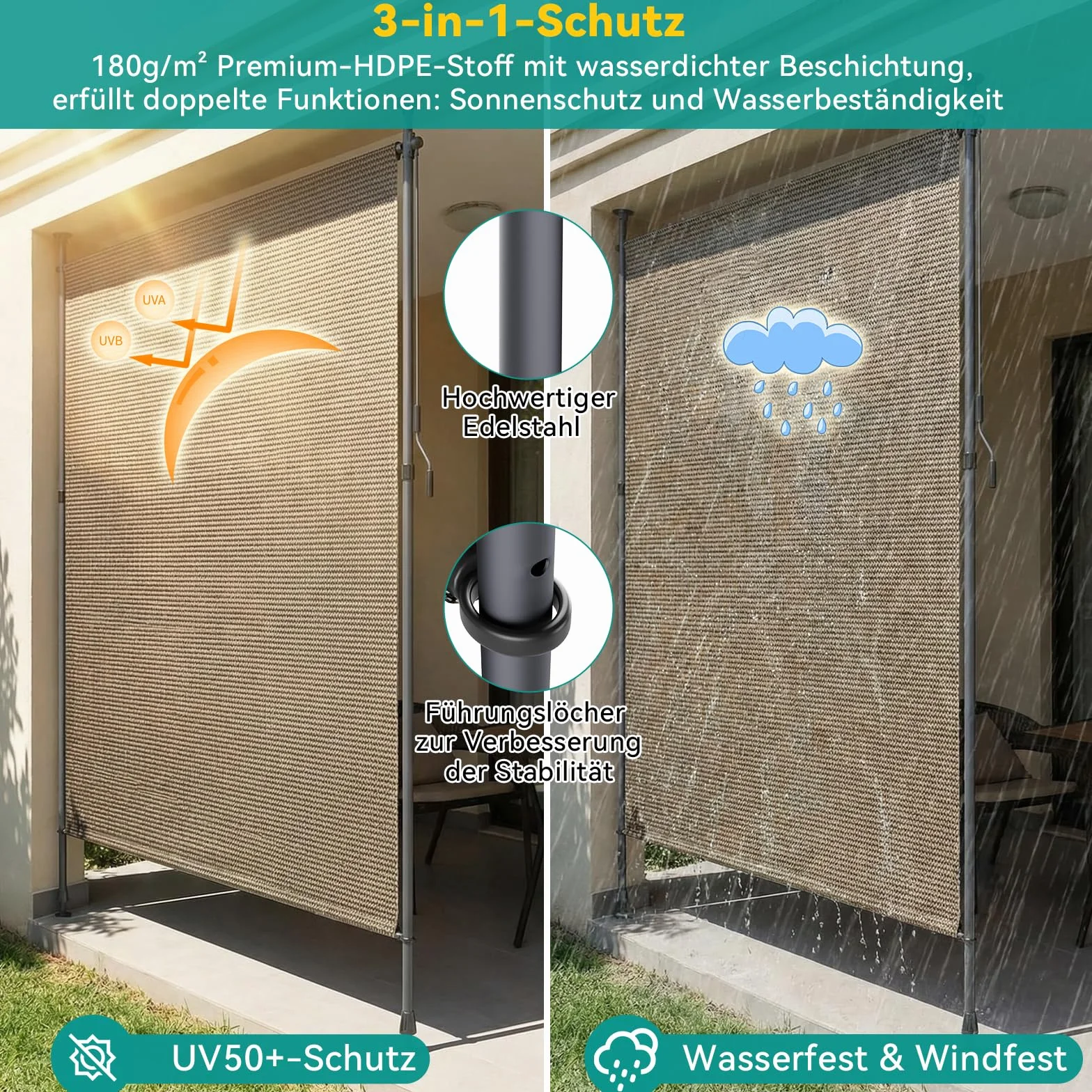 LIFERUN Tenda Verticale HDPE 200×310 cm Marrone, Tenda a Pinza Estensibile Senza Forare, Protezione Solare UV, Antivento, per Balcone Giardino Terrazza