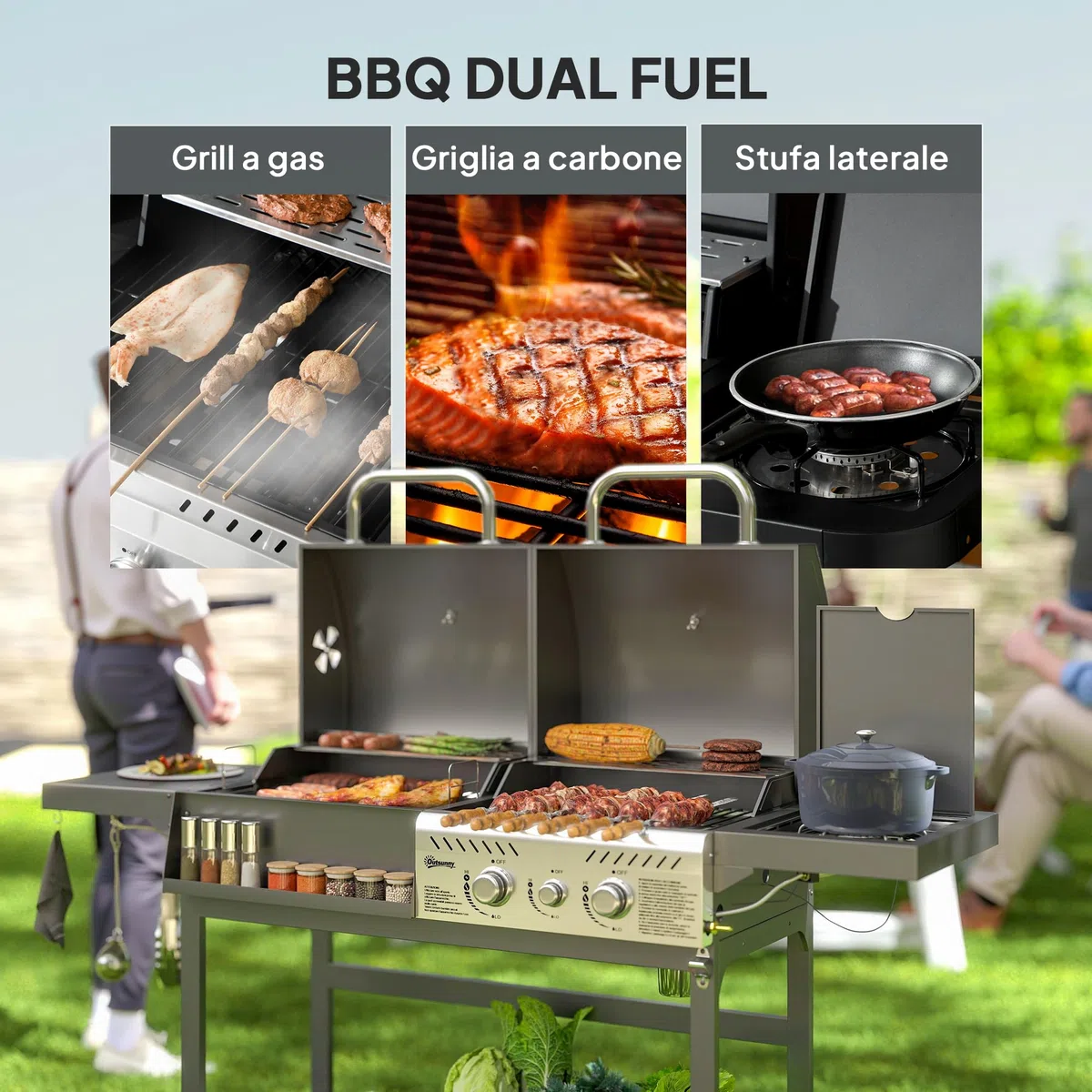Outsunny Barbecue a Carbone e Gas in Acciaio, BBQ 2+1 Bruciatori 7kW con Coperchio, Termometro, Ruote, Nero