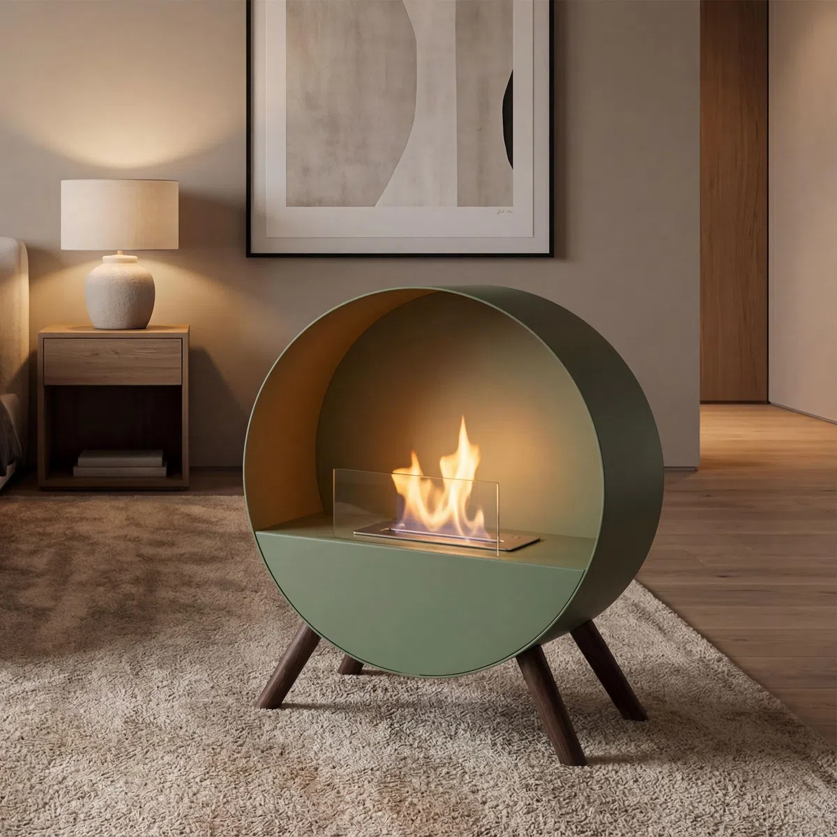 Frankystar Venere Camino da Pavimento 60x72x30 cm Design Interno Piedi Legno Pino Salvia