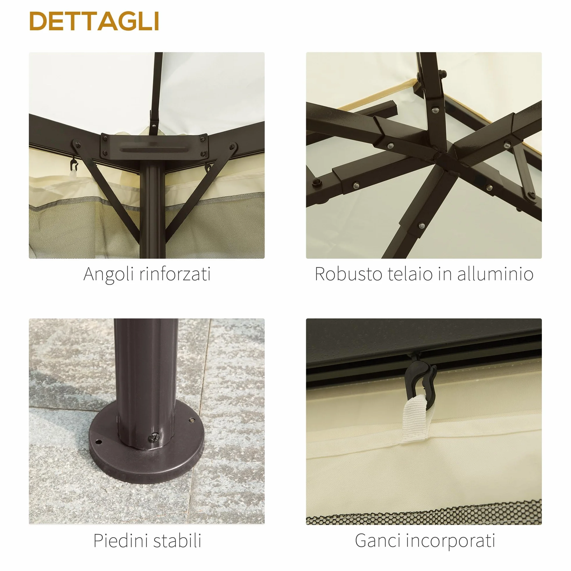 Outsunny Gazebo da Giardino 4x3 m con Zanzariera e Tende Parasole, Doppio Tetto, Anti UV, Alluminio, Crema