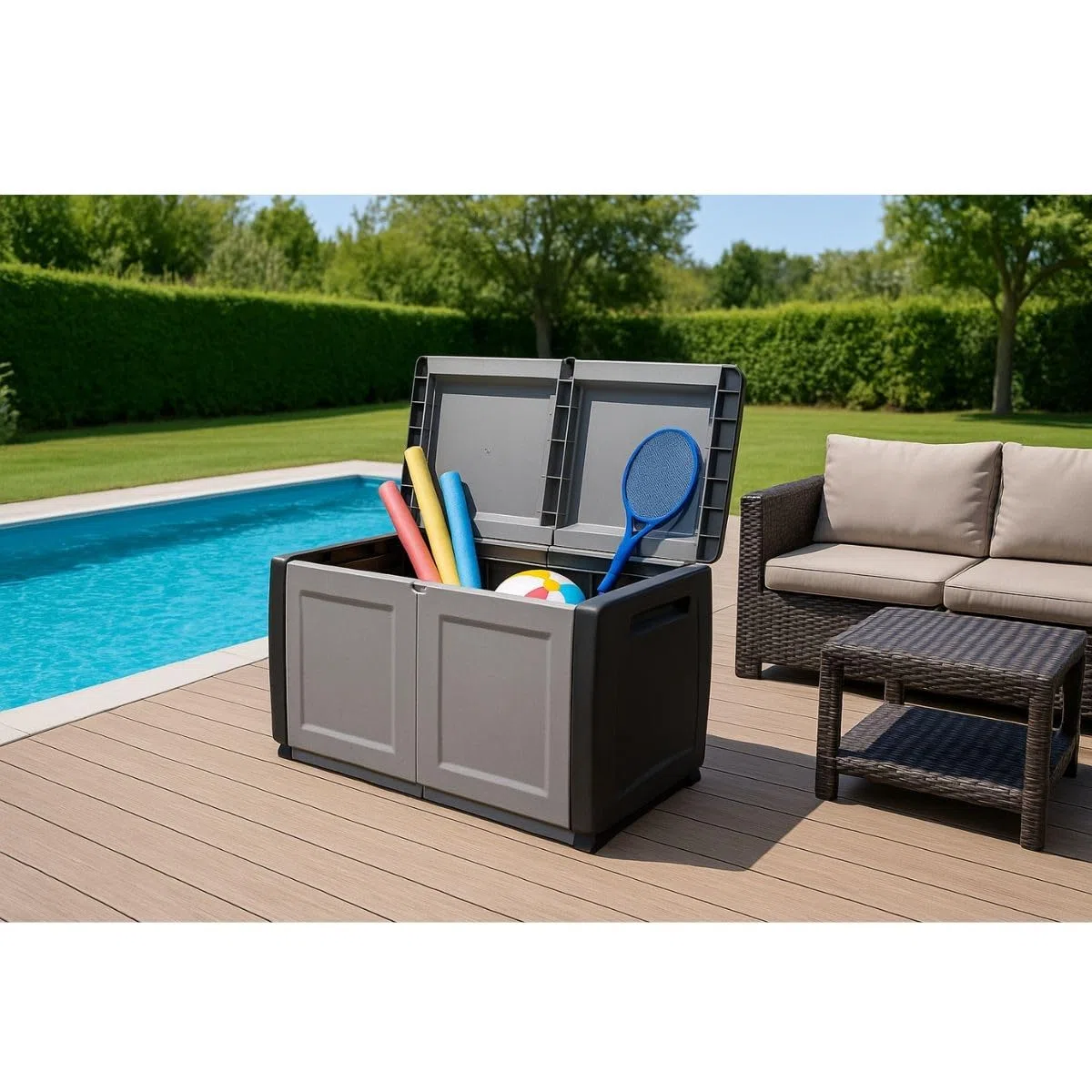 INTEC - Scatola di Stoccaggio 230L Scatola da Giardino Grigio/Nero 96 x 53 x A57cm Maniglie di Trasporto in Polipropilene